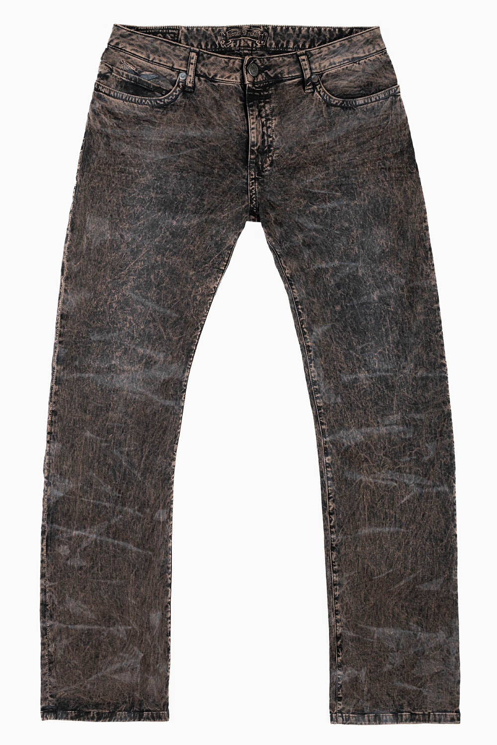 MENS CLASSIC STRAIGHT LEG LONG FLAP JEANS IN BROWN THUNDER WITH CRYSTALS