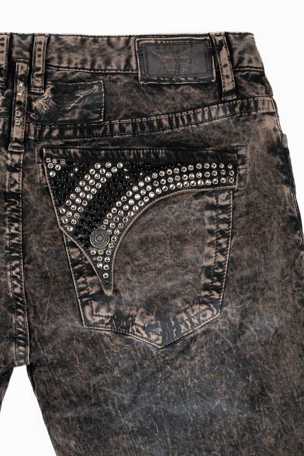 MENS CLASSIC STRAIGHT LEG LONG FLAP JEANS IN BROWN THUNDER WITH CRYSTALS