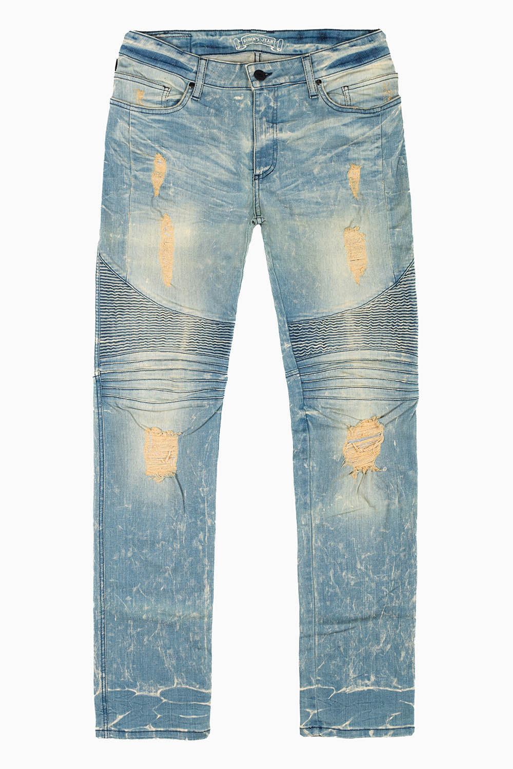 MENS BIKER JEANS WITH FLAP IN BLUE 4D LIGHT BROKEN WASH WITH STUDS AND CRYSTALS