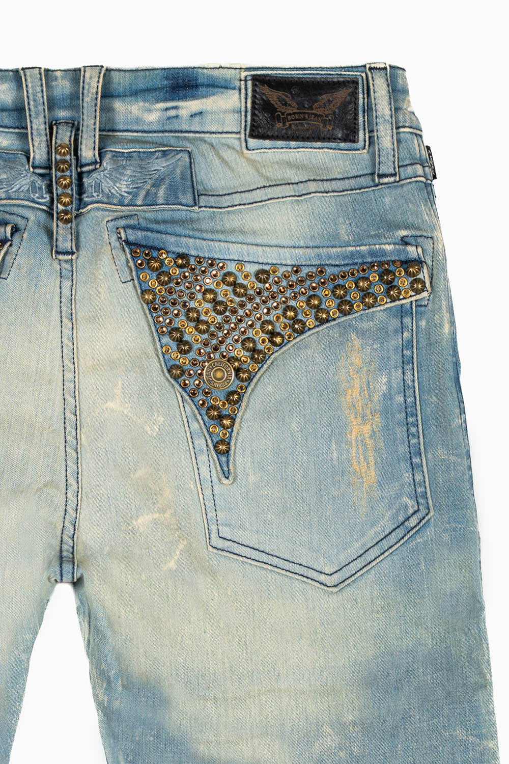 MENS BIKER JEANS WITH FLAP IN BLUE 4D LIGHT BROKEN WASH WITH STUDS AND CRYSTALS