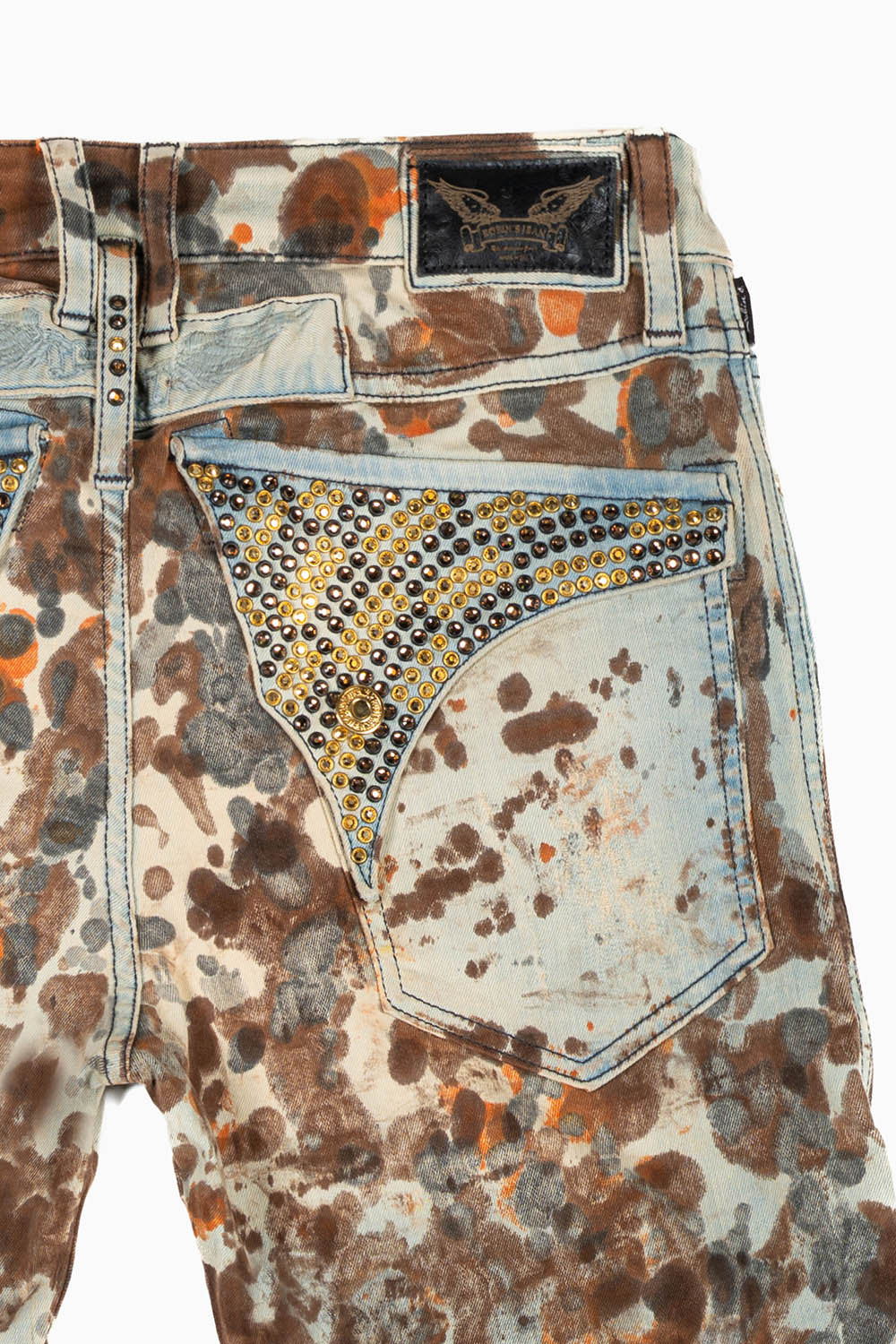 MENS BIKER JEANS WITH FLAP IN DESERT RAOUL BROKEN REPAIRED WASH WITH CRYSTALS