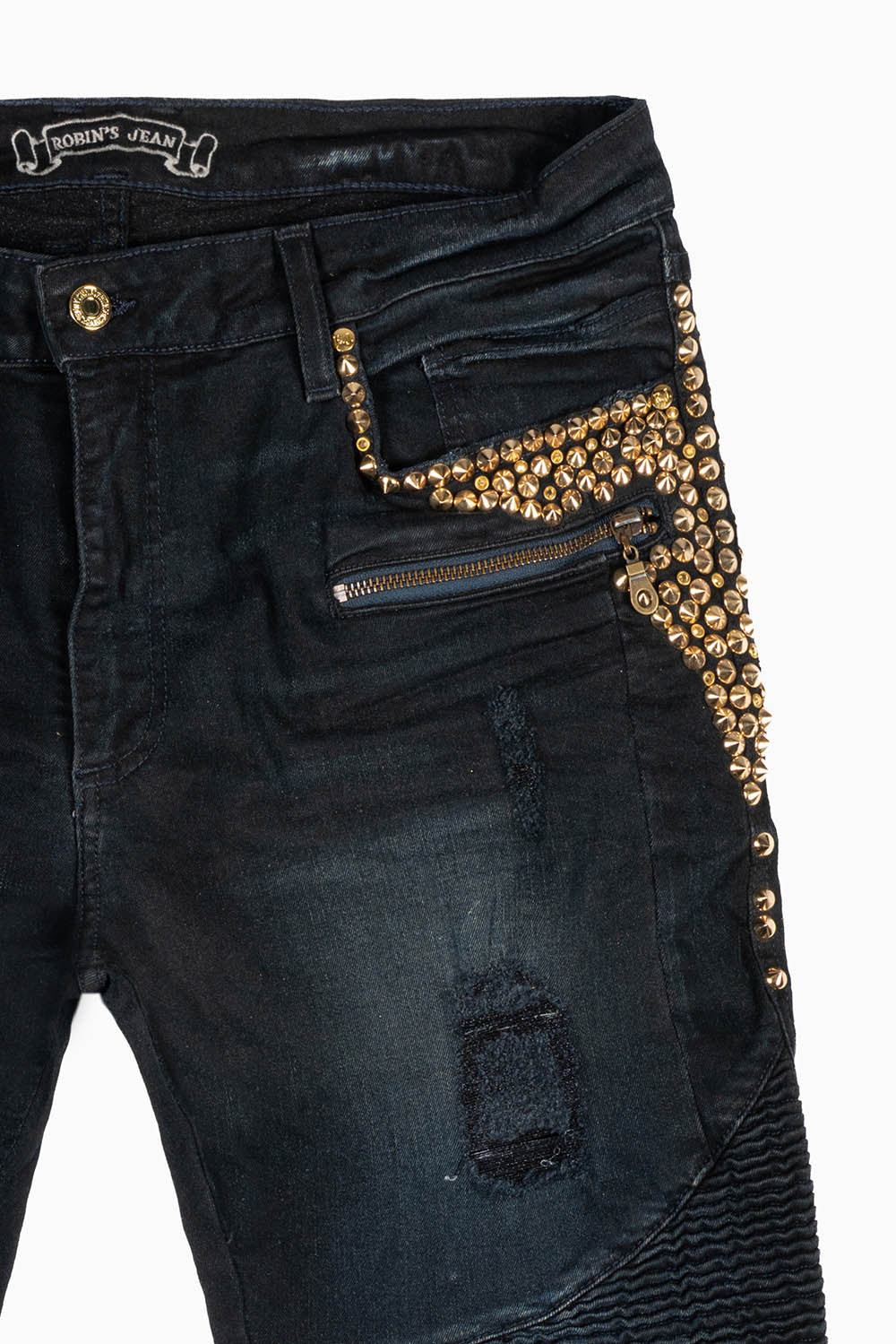 MENS BIKER JEANS IN F-UP BLACK WASH EMBELLISHED WITH GOLD NAILHEADS AND AURUM CRYSTALS