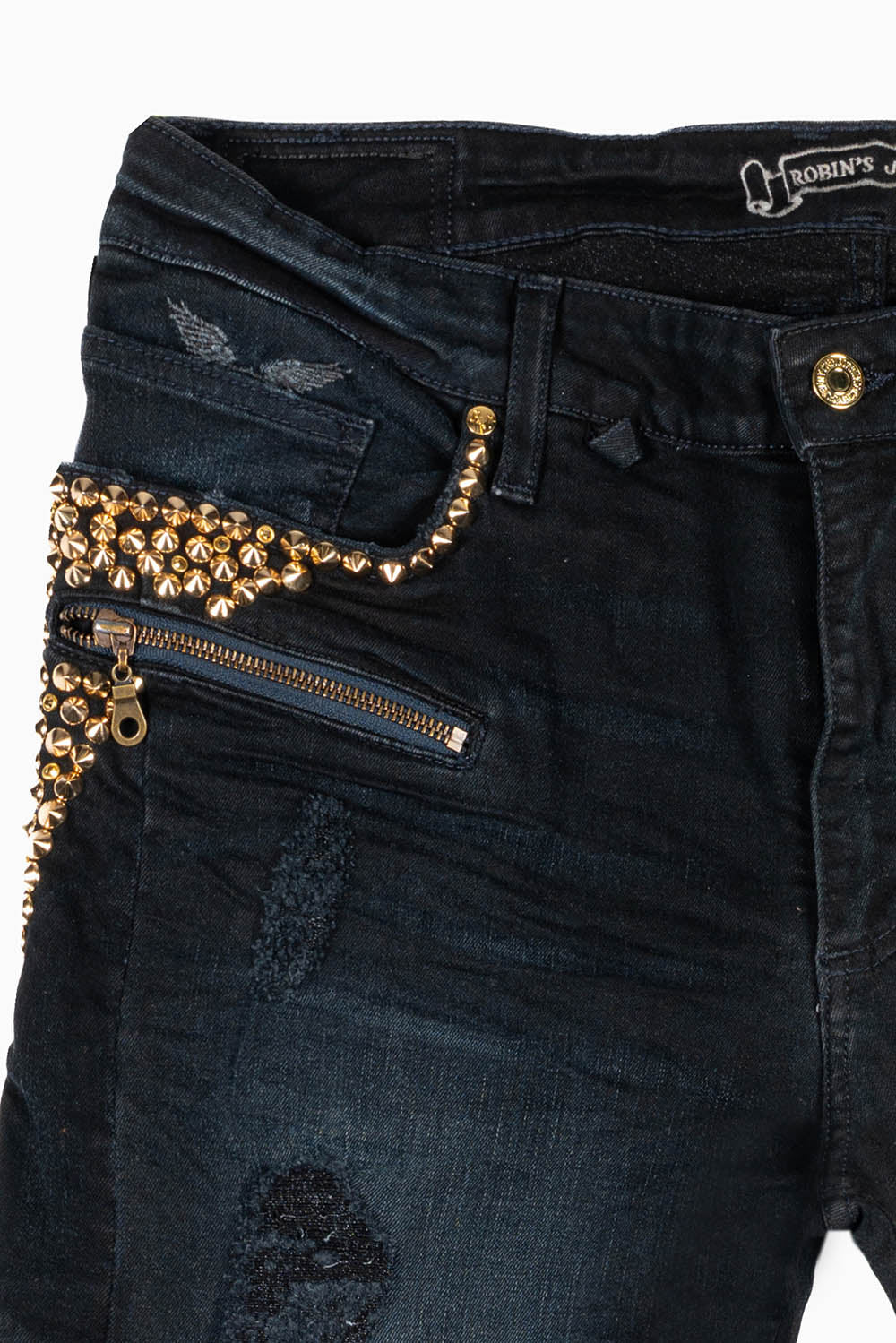 MENS BIKER JEANS IN F-UP BLACK WASH EMBELLISHED WITH GOLD NAILHEADS AND AURUM CRYSTALS