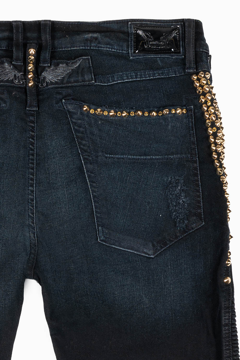 MENS BIKER JEANS IN F-UP BLACK WASH EMBELLISHED WITH GOLD NAILHEADS AND AURUM CRYSTALS