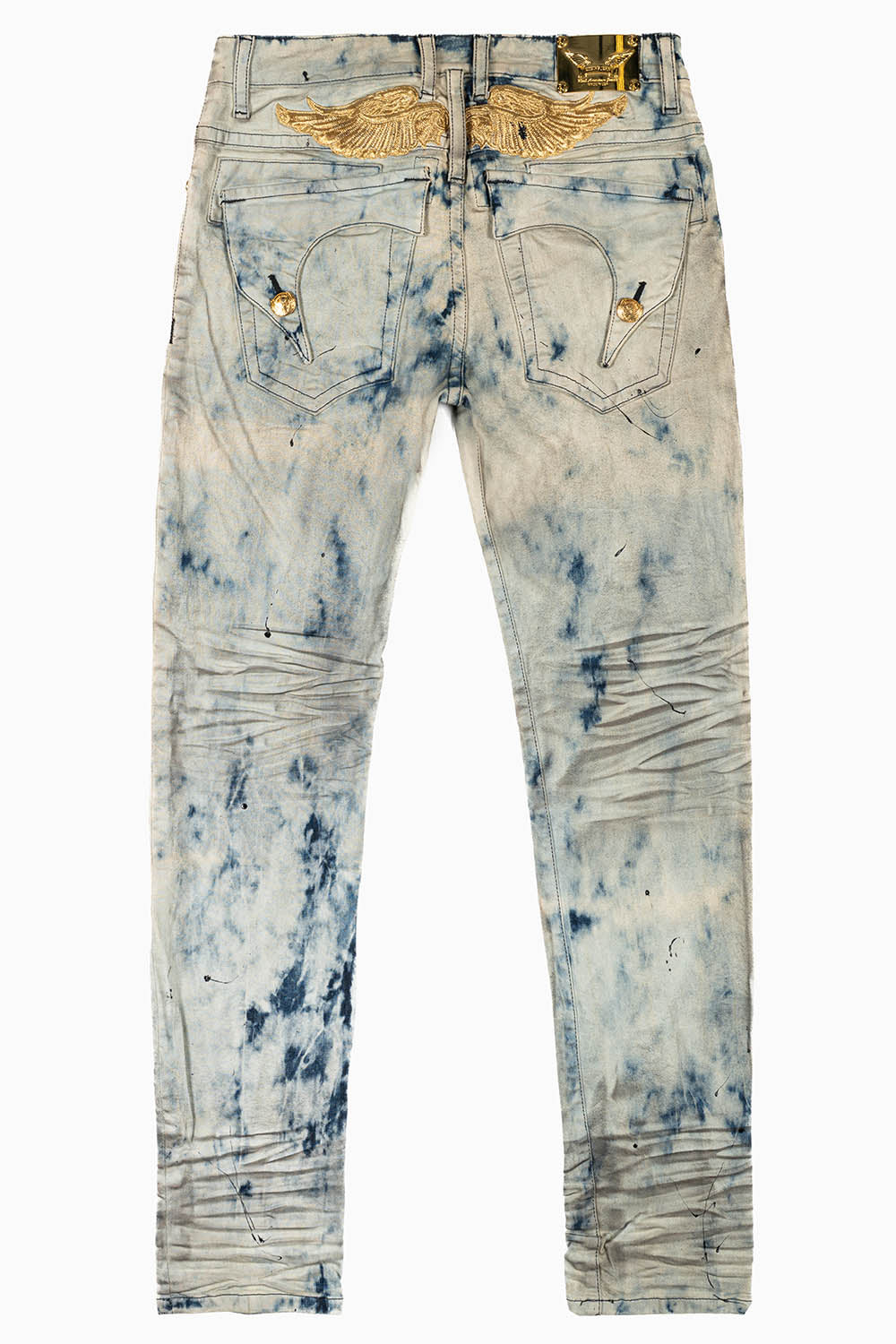 KILLER FLAP MENS SKINNY JEANS IN FROZEN WASH WITH GOLD WING EMBROIDERY