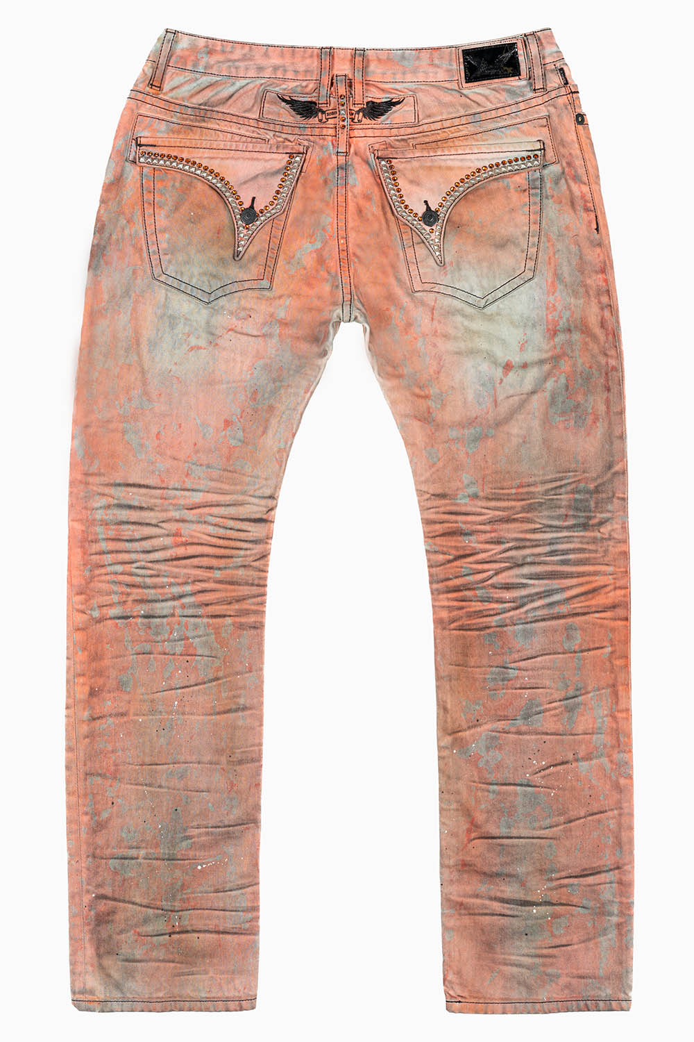 MENS LONG FLAP SLIM JEANS WITH CRYSTALS IN VINTAGE MEDELLIN ORANGE/BROWN WASH