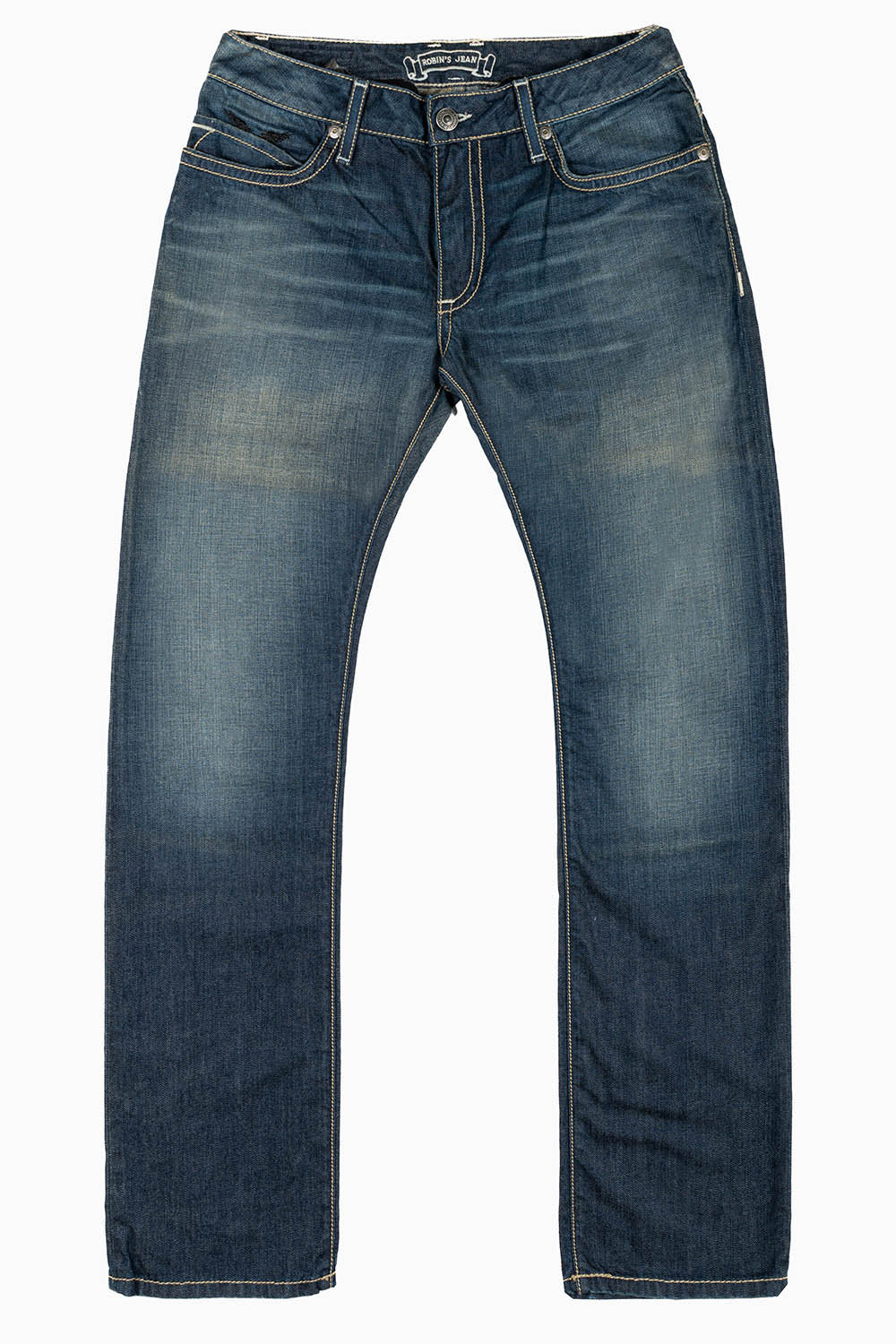 MENS CLASSIC STRAIGHT LEG JEAN IN BLUE 3D DARK WASH WITH CLEAR CRYSTALS
