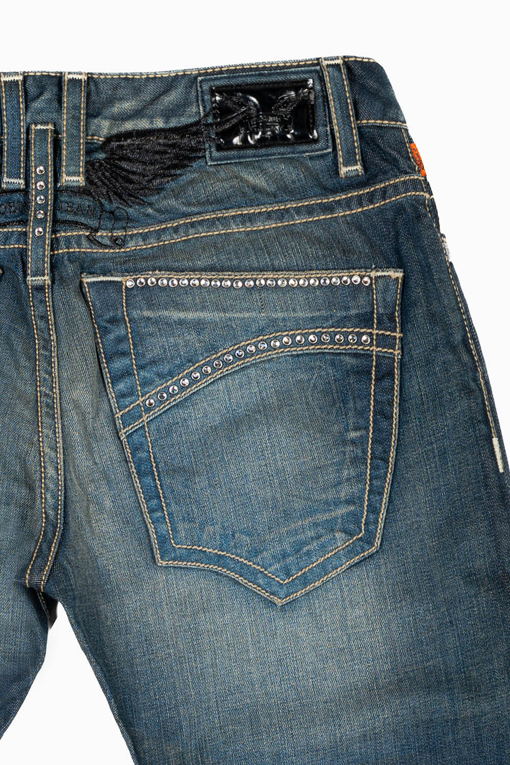 MENS CLASSIC STRAIGHT LEG JEAN IN BLUE 3D DARK WASH WITH CLEAR CRYSTALS
