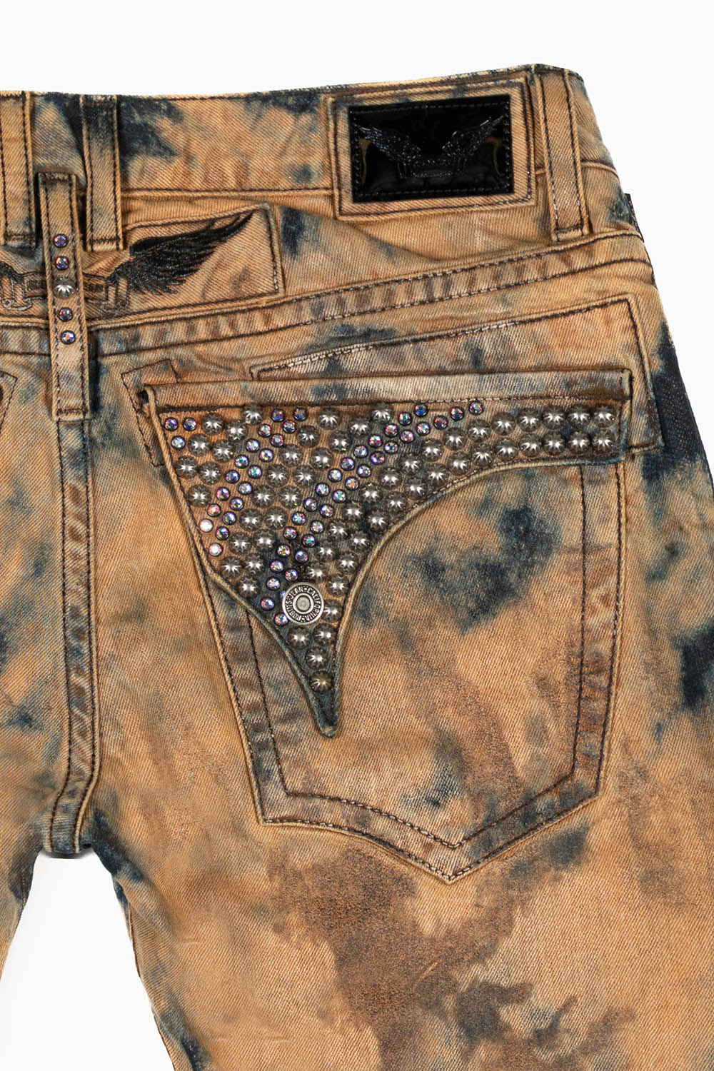 MENS LONG FLAP SLIM JEANS WITH CRYSTALS IN ILLUSION INDIGO BRONZE WASH