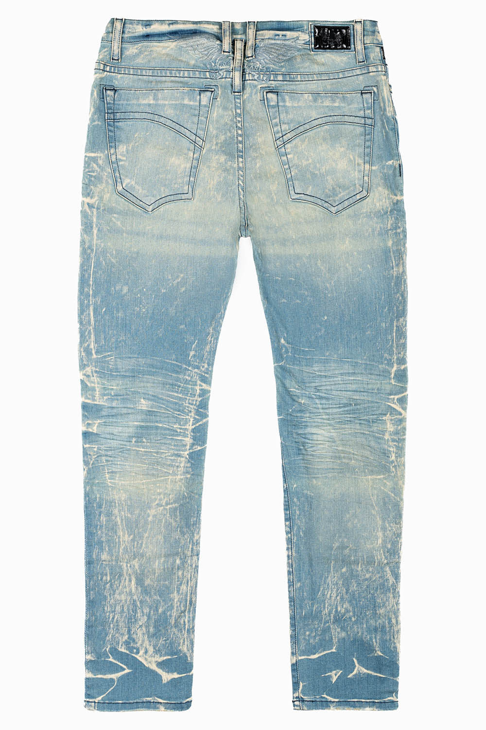MENS SKINNY JEANS IN BLUE 4D LIGHT WASH WITH TONAL WING EMBROIDERY