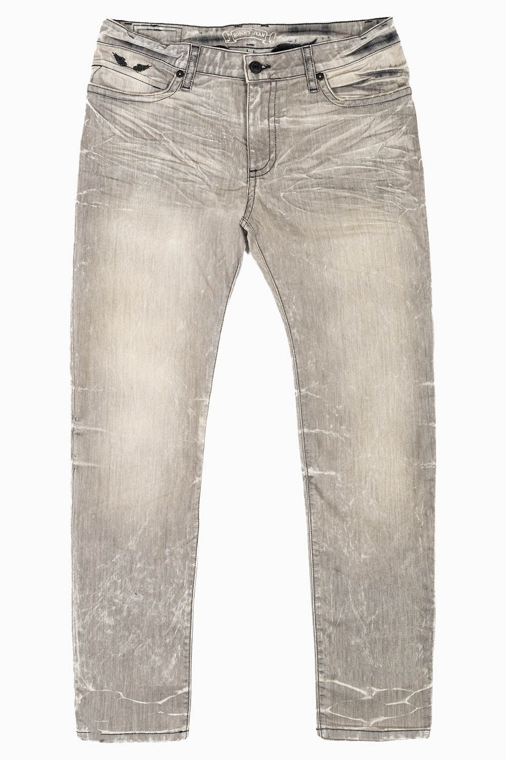 MENS SKINNY JEANS IN GRAY 4D LIGHT WASH WITH BLK WING EMBROIDERY