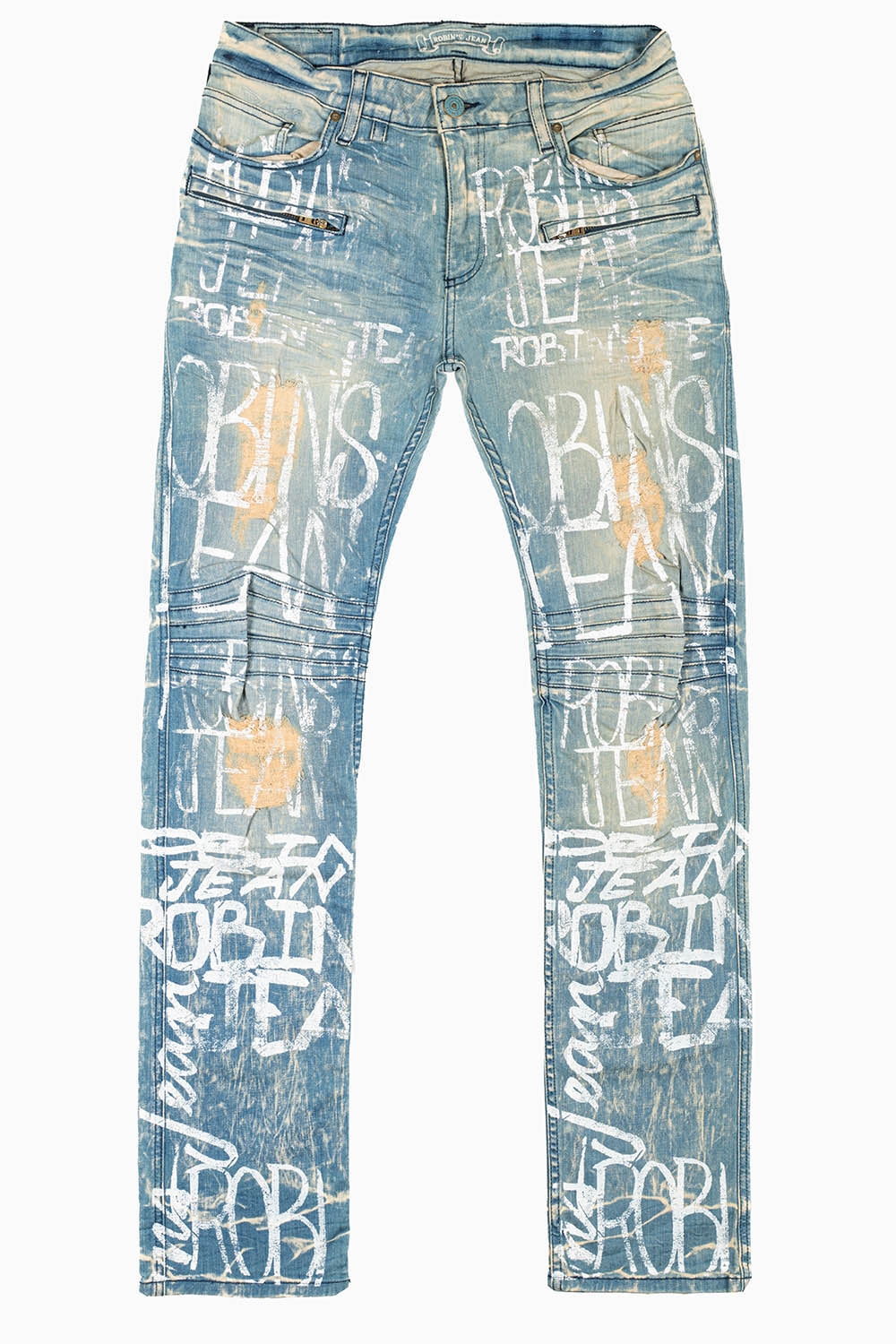 MOTO BIKER MEN'S SLIM STRAIGHT LEG JEANS IN 4D LIGHT BROKEN REPAIRED WASH WITH WHITE GRAFFITI LOGO