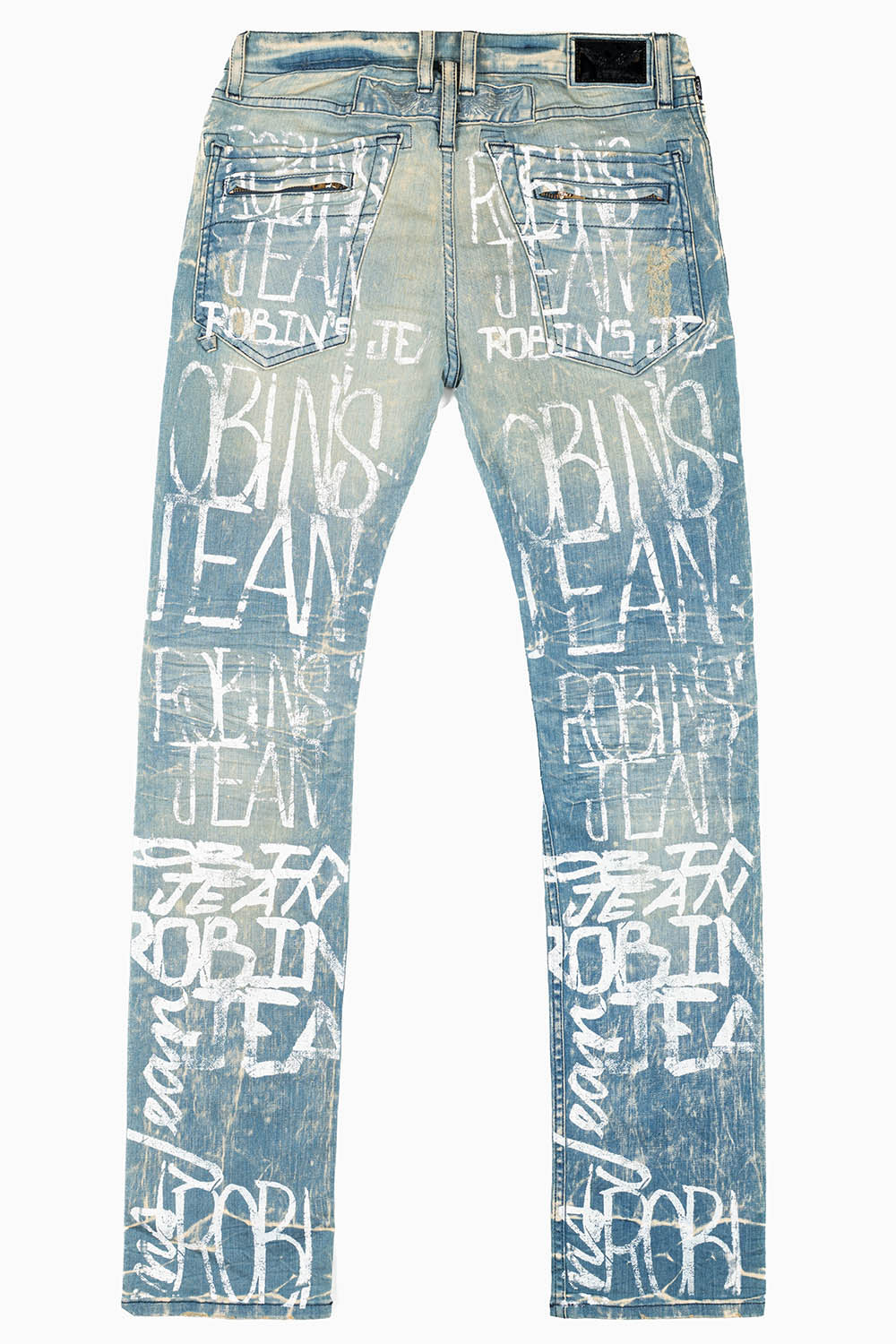MOTO BIKER MEN'S SLIM STRAIGHT LEG JEANS IN 4D LIGHT BROKEN REPAIRED WASH WITH WHITE GRAFFITI LOGO