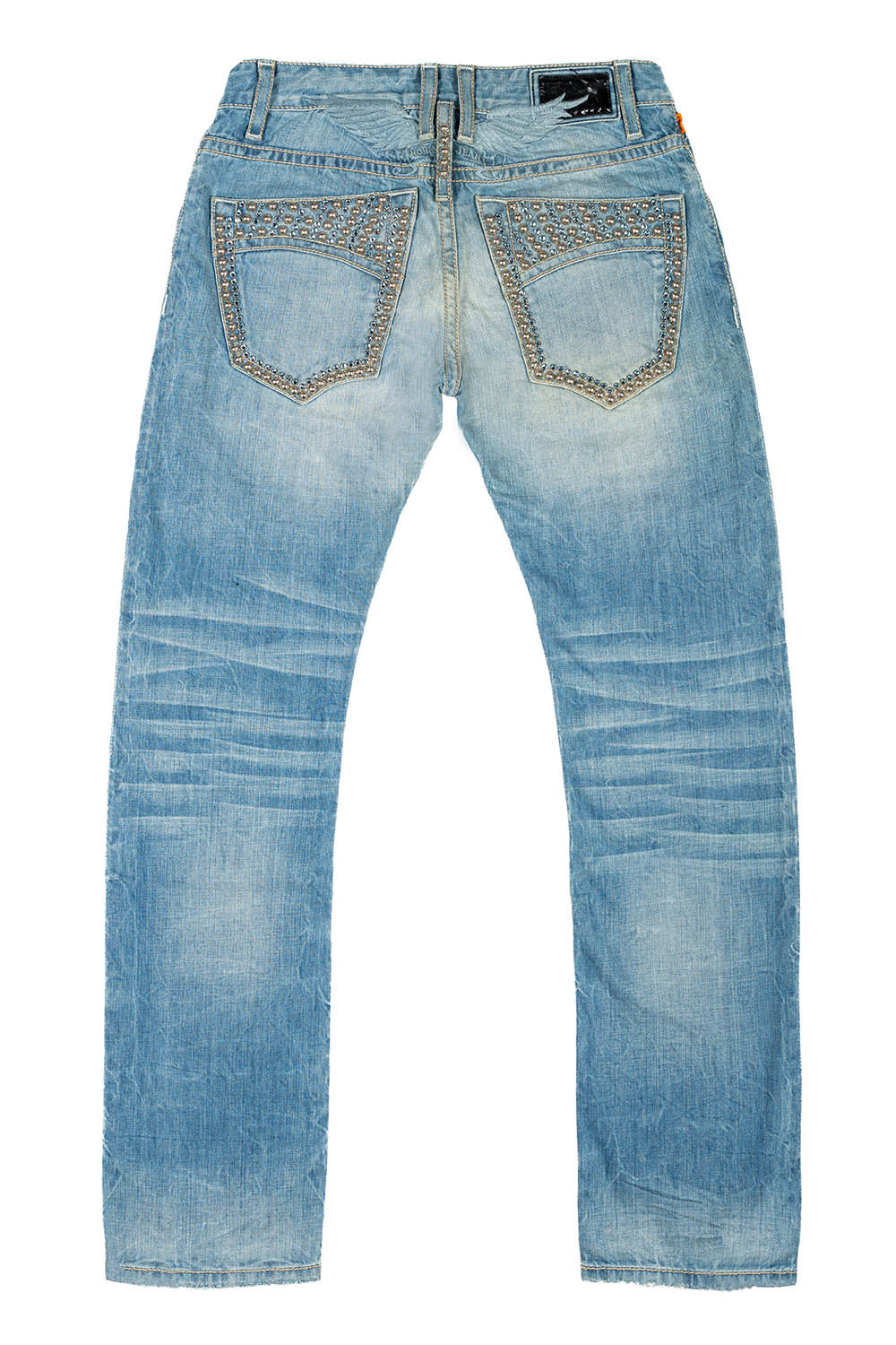 MENS CLASSIC STRAIGHT LEG JEAN IN BLUE THUNDER MEDIUM WASH WITH CRYSTALS AND NAILHEADS