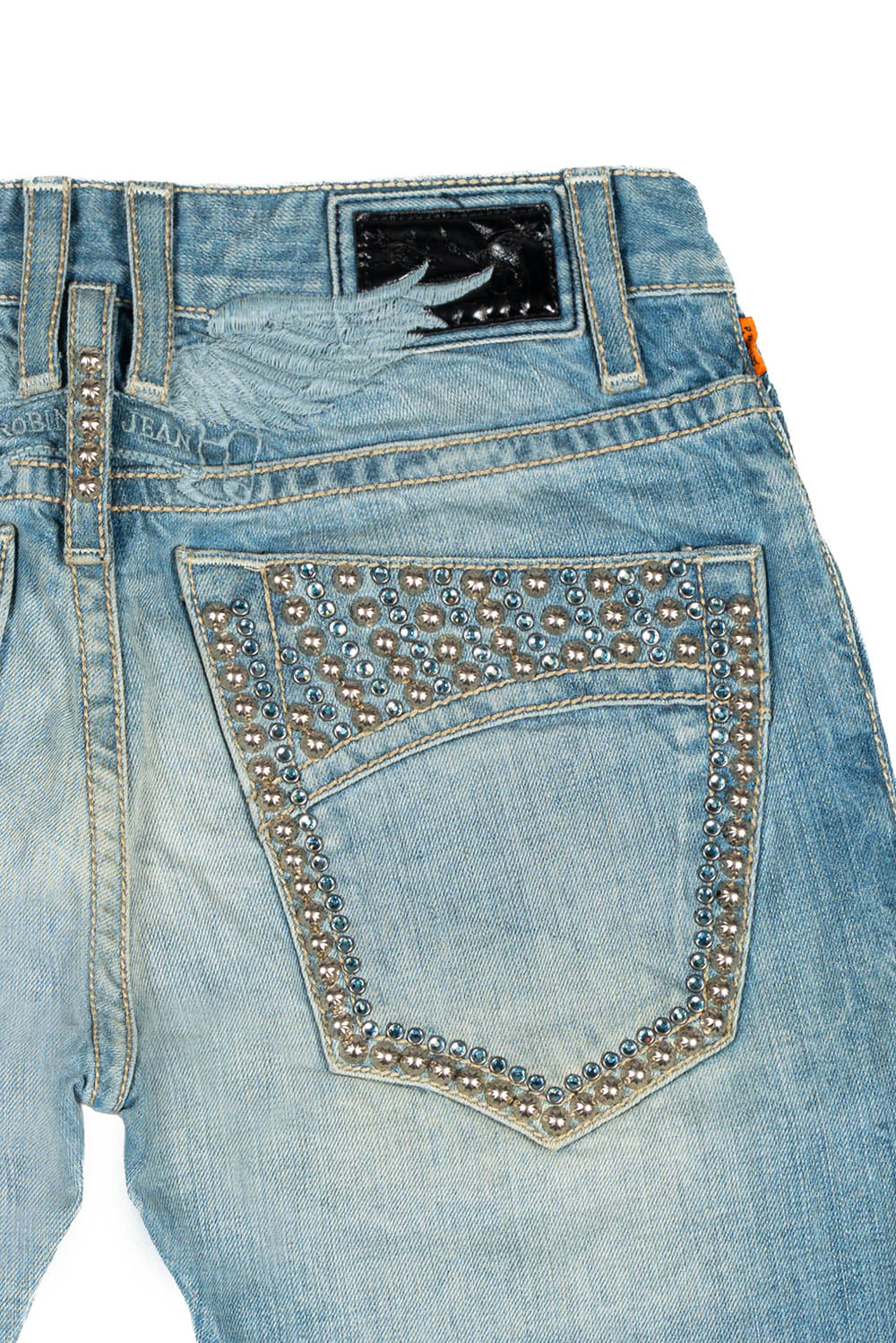 MENS CLASSIC STRAIGHT LEG JEAN IN BLUE THUNDER MEDIUM WASH WITH CRYSTALS AND NAILHEADS