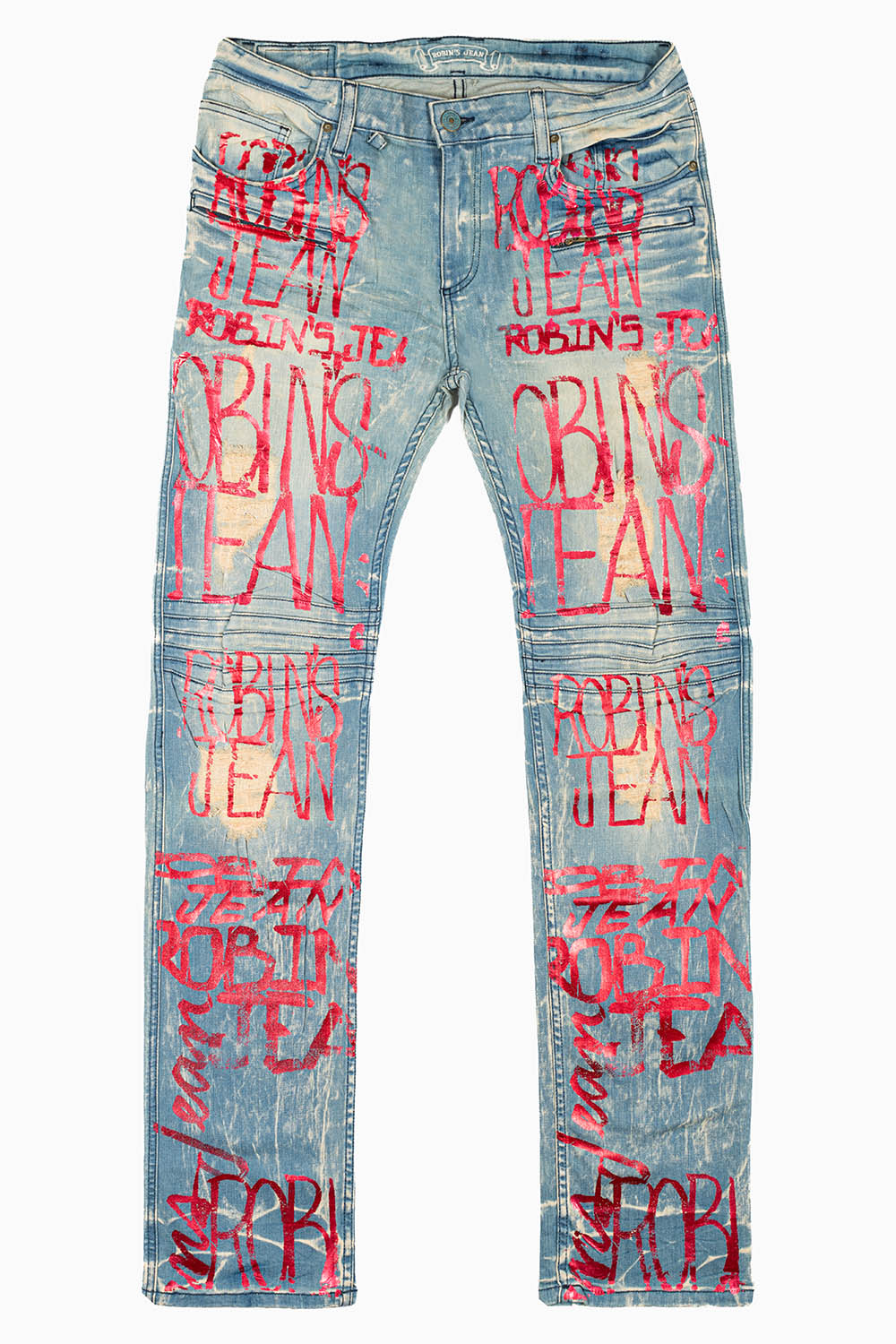MOTO BIKER MEN'S SLIM STRAIGHT LEG JEANS IN 4D LIGHT BROKEN REPAIRED WASH WITH RED GRAFFITI LOGO