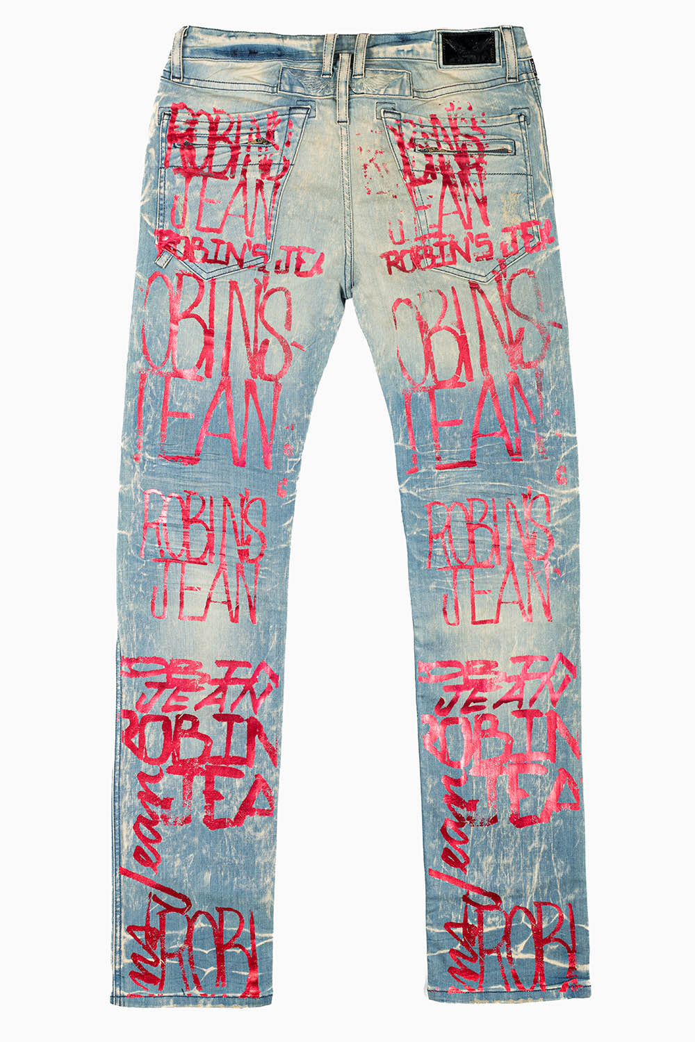 MOTO BIKER MEN'S SLIM STRAIGHT LEG JEANS IN 4D LIGHT BROKEN REPAIRED WASH WITH RED GRAFFITI LOGO