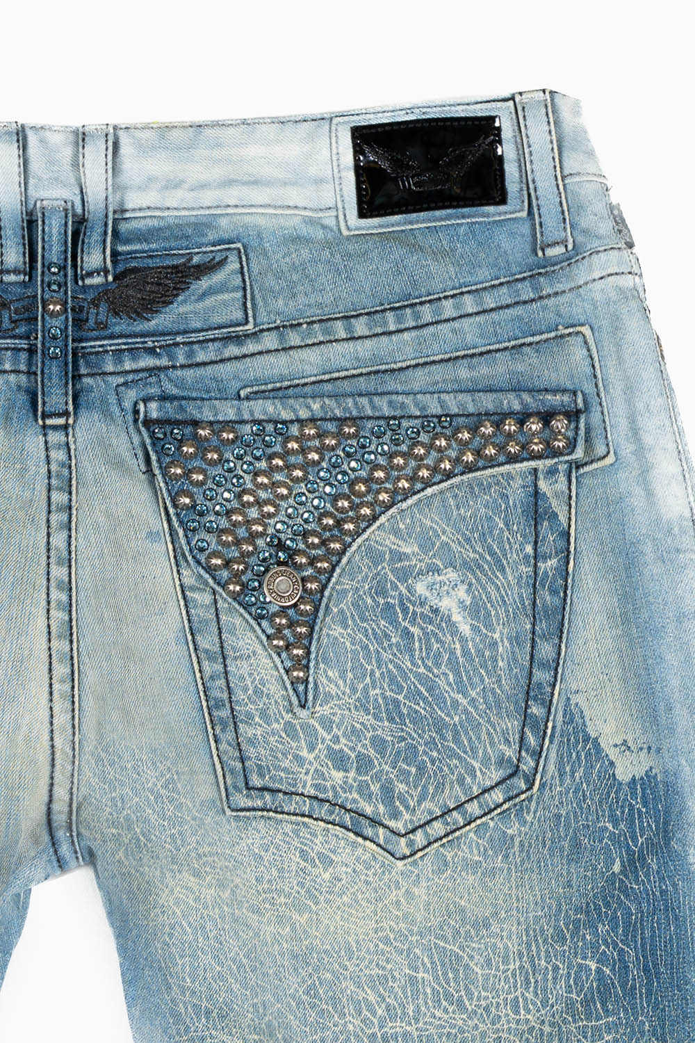 MENS LONG FLAP SLIM JEANS IN BLUE MARTIN WASH EMBELLISHED WITH STUDS & CRYSTALS