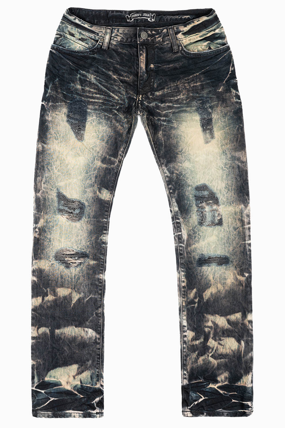 MENS LONG FLAP SLIM JEANS IN INDIGO NAIL WASH EMBELLISHED WITH STUDS & CRYSTALS