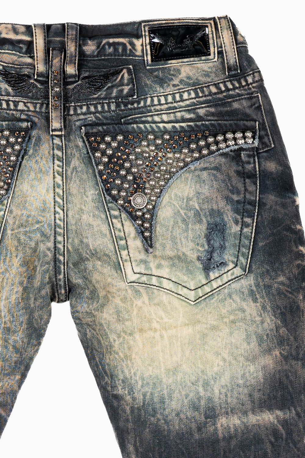MENS LONG FLAP SLIM JEANS IN INDIGO NAIL WASH EMBELLISHED WITH STUDS & CRYSTALS
