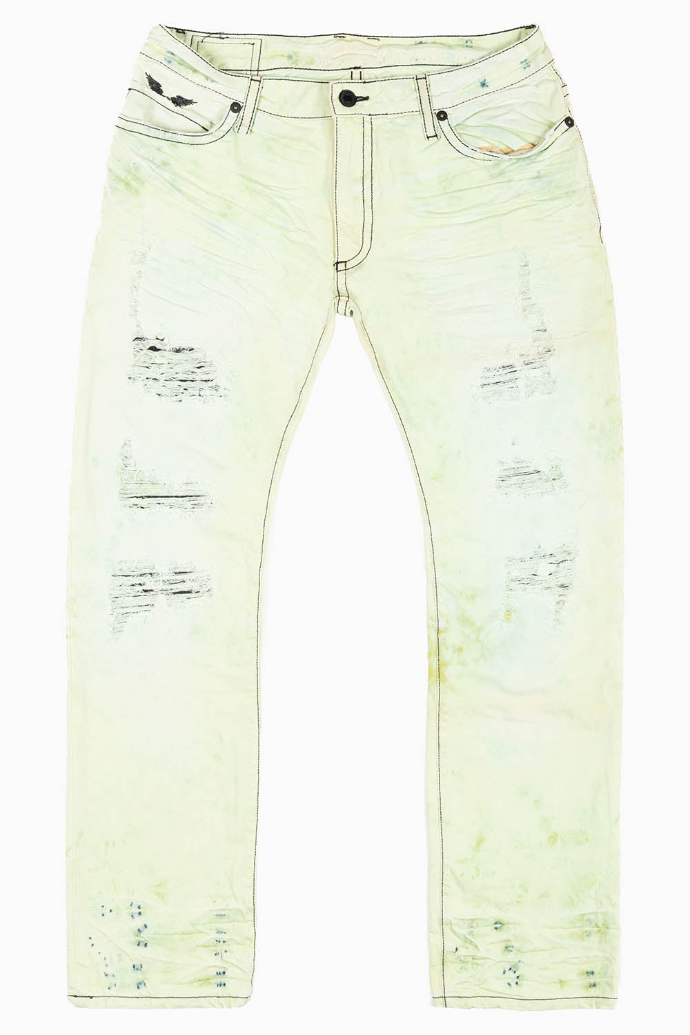 MENS LONG FLAP SLIM JEANS IN KEY LIME DESTROY WASH EMBELLISHED WITH STUDS & CRYSTALS