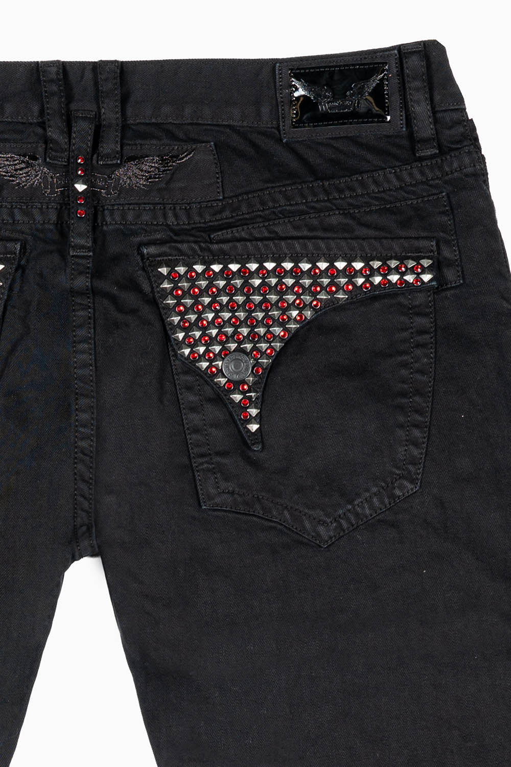 MENS LONG FLAP SLIM JEANS WITH STUDS & CRYSTALS IN BLACK  BROKEN REPAIRED DNM