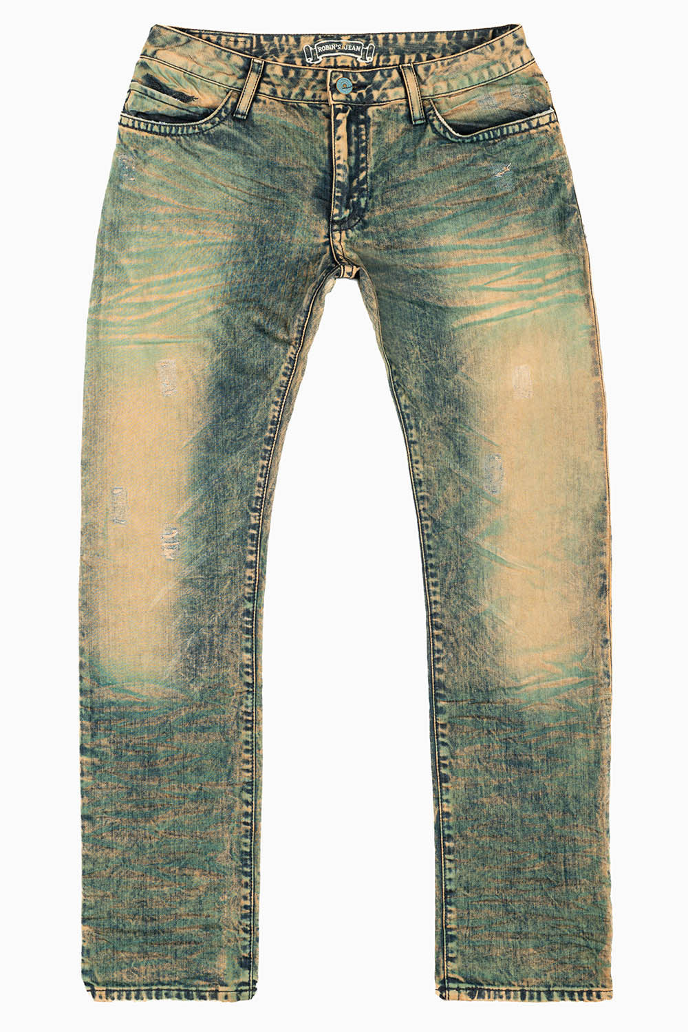 MENS LONG FLAP SLIM JEANS IN K WASH TURQUOISE WASH EMBELLISHED WITH STUDS & CRYSTALS