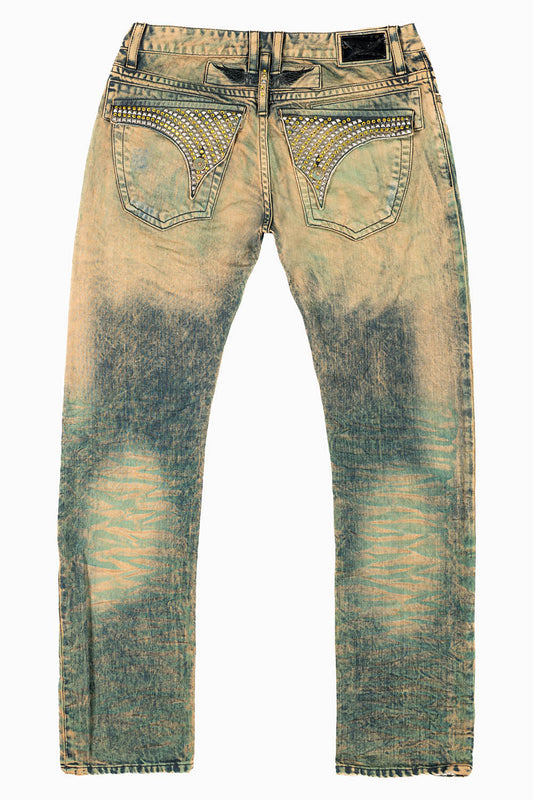 MENS LONG FLAP SLIM JEANS IN K WASH TURQUOISE WASH EMBELLISHED WITH  STUDS & CRYSTALS