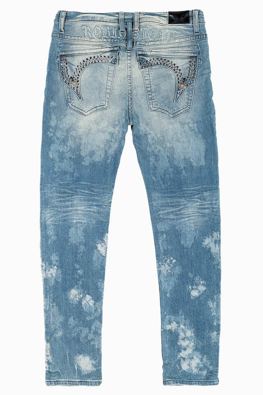 KILLER FLAP MENS SKINNY JEANS IN ODESSA VINTAGE MEDIUM WASH WITH MONTANA CRYSTALS