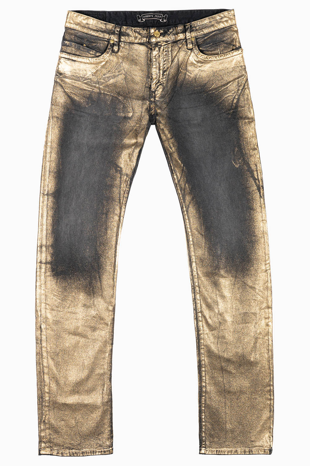 MENS CLASSIC STRAIGHT LEG LONG FLAP JEANS IN BLK LISA GOLD FOIL WITH CRYSTALS