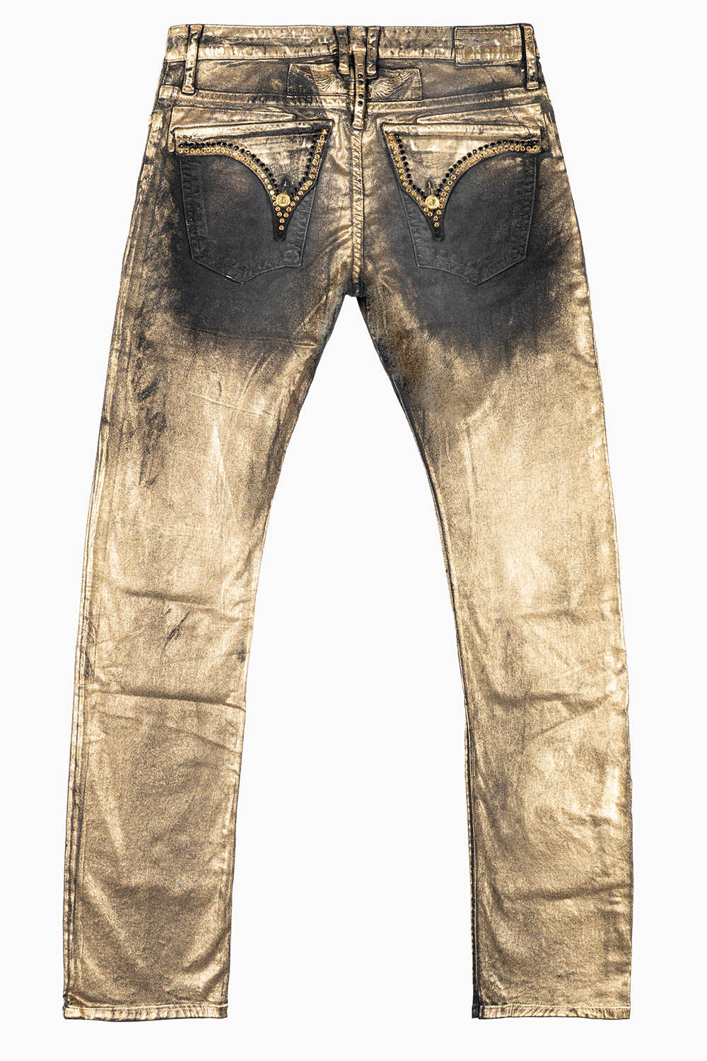 MENS CLASSIC STRAIGHT LEG LONG FLAP JEANS IN BLK LISA GOLD FOIL WITH CRYSTALS