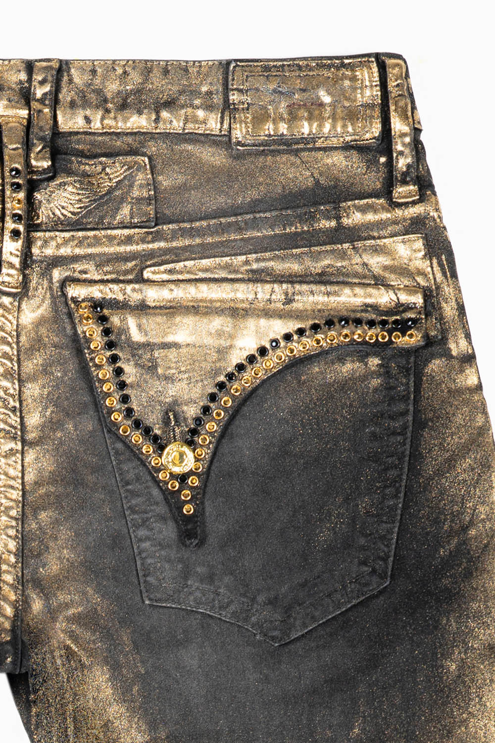 MENS CLASSIC STRAIGHT LEG LONG FLAP JEANS IN BLK LISA GOLD FOIL WITH CRYSTALS