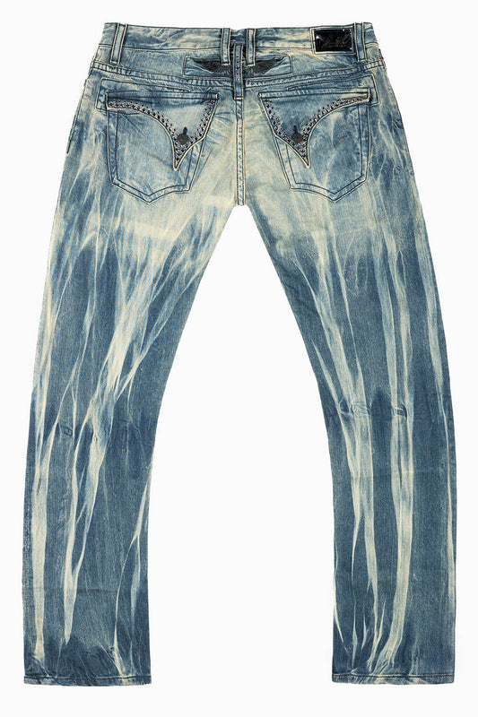 MENS LONG FLAP SLIM JEANS IN BLUE NIKO WASH EMBELLISHED WITH  MONTANA CRYSTALS