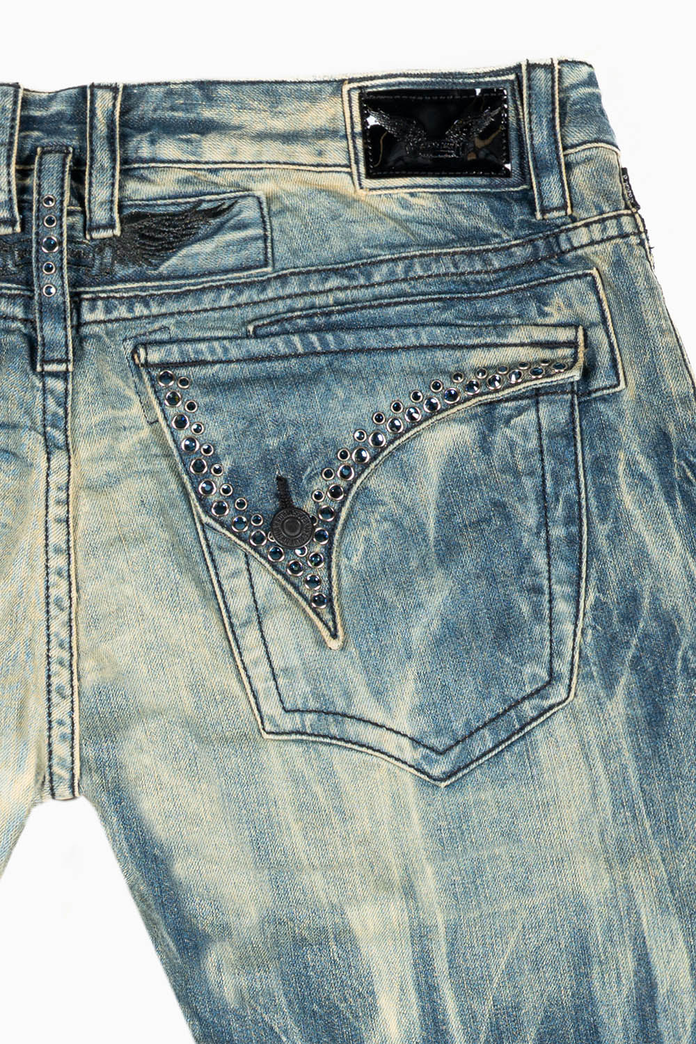 MENS LONG FLAP SLIM JEANS IN BLUE NIKO WASH EMBELLISHED WITH MONTANA CRYSTALS