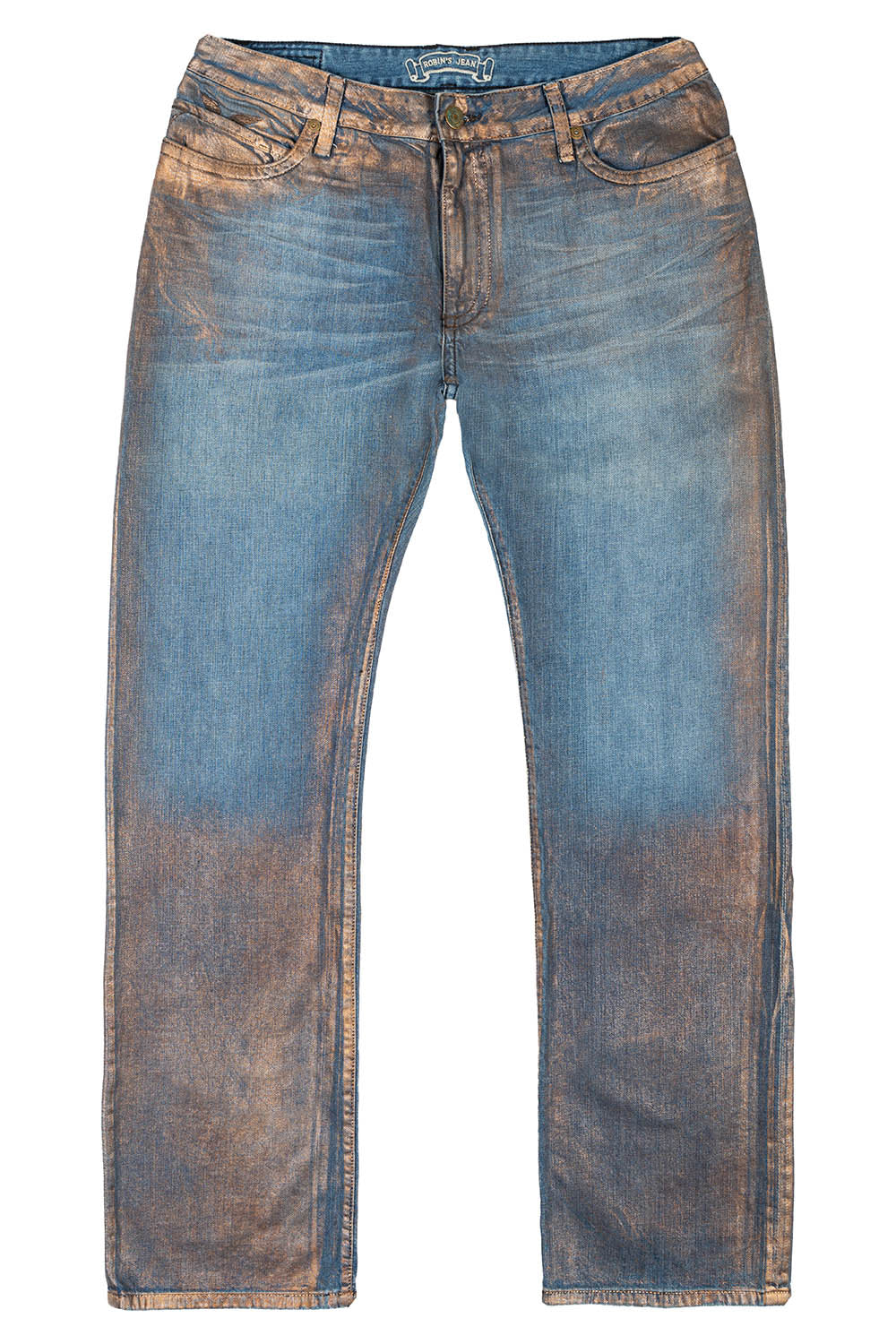 MENS LONG FLAP STRAIGHT CUT JEANS WITH CRYSTALS IN COPPER FOIL WASH