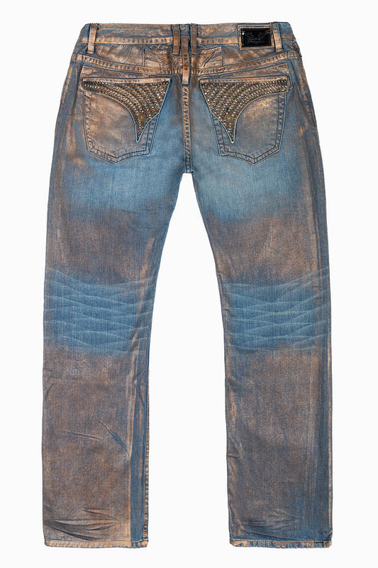 MENS LONG FLAP STRAIGHT CUT JEANS WITH CRYSTALS IN COPPER FOIL WASH