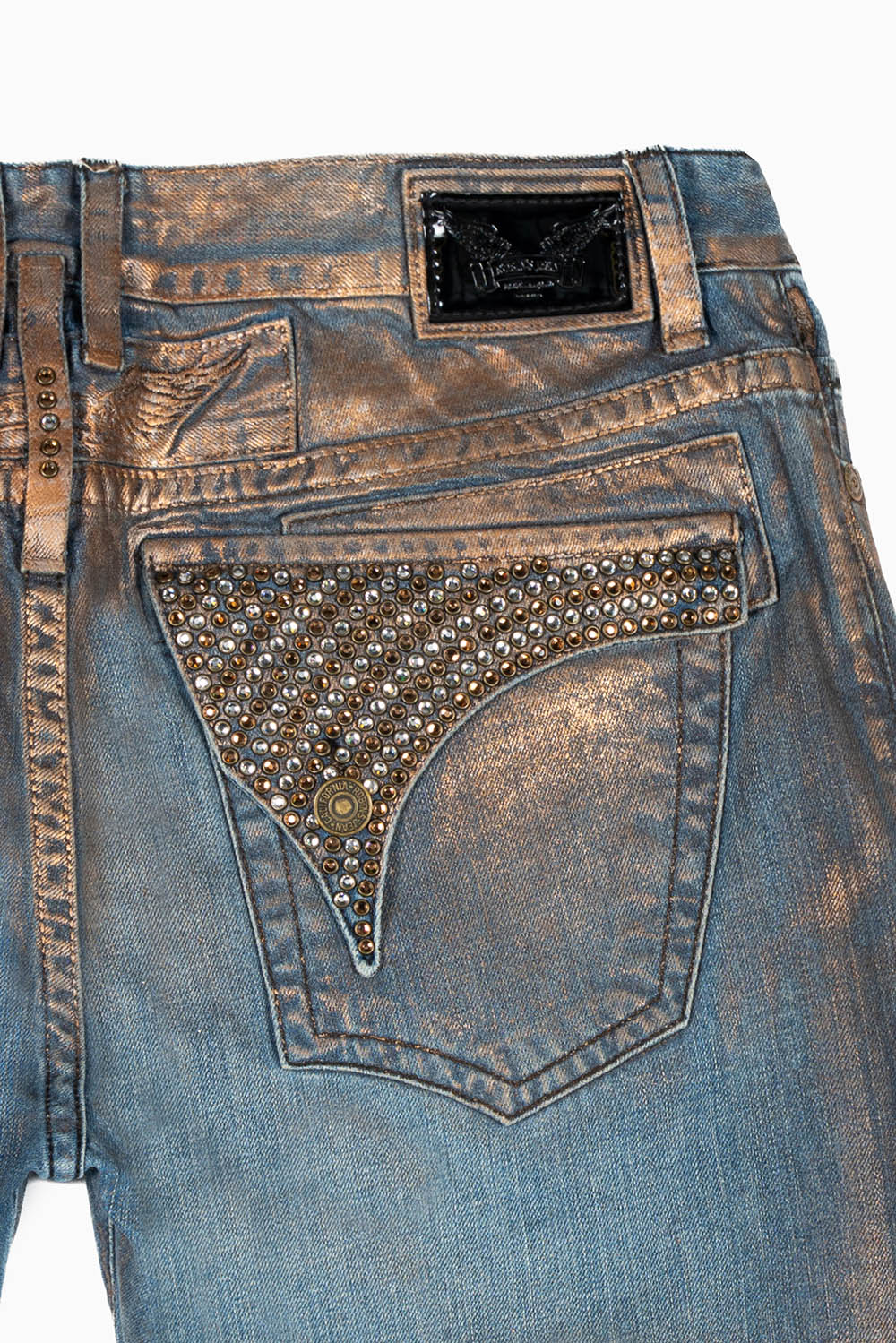 MENS LONG FLAP STRAIGHT CUT JEANS WITH CRYSTALS IN COPPER FOIL WASH