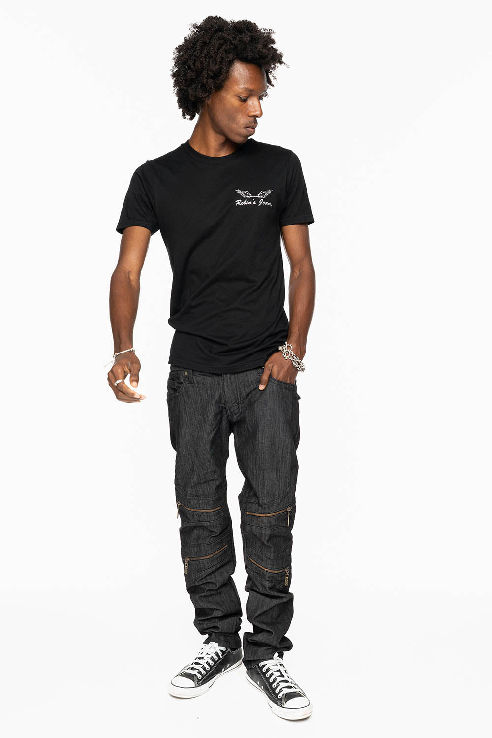 MENS LONG FLAP BIKER JEANS IN BLK DENIM WITH SMOKY ROPAZ CRYSTALS
