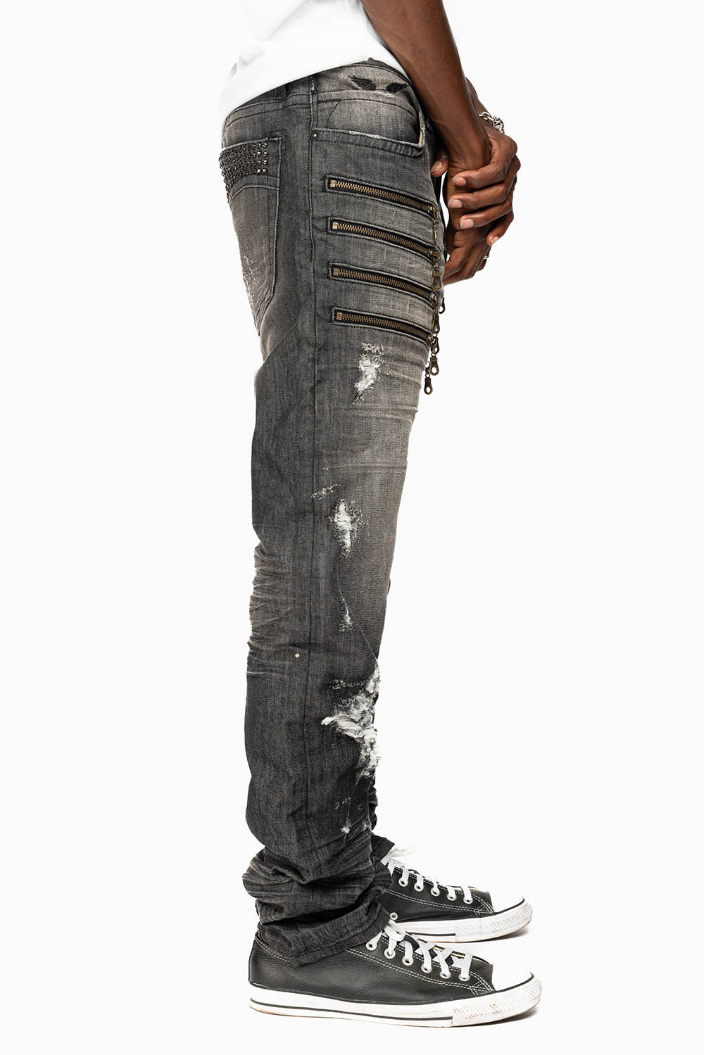 MENS MOTORCYCLE ZIPPERS SLIM JEANS IN ALBANY BLK BROKEN WASH EMBELLISHED WITH CRYSTALS