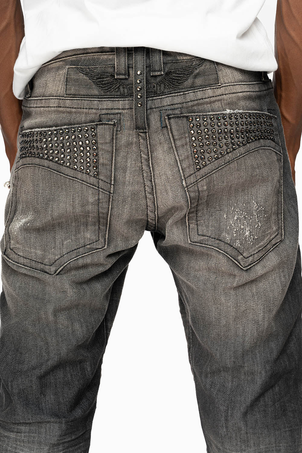 MENS MOTORCYCLE ZIPPERS SLIM JEANS IN ALBANY BLK BROKEN WASH EMBELLISHED WITH CRYSTALS