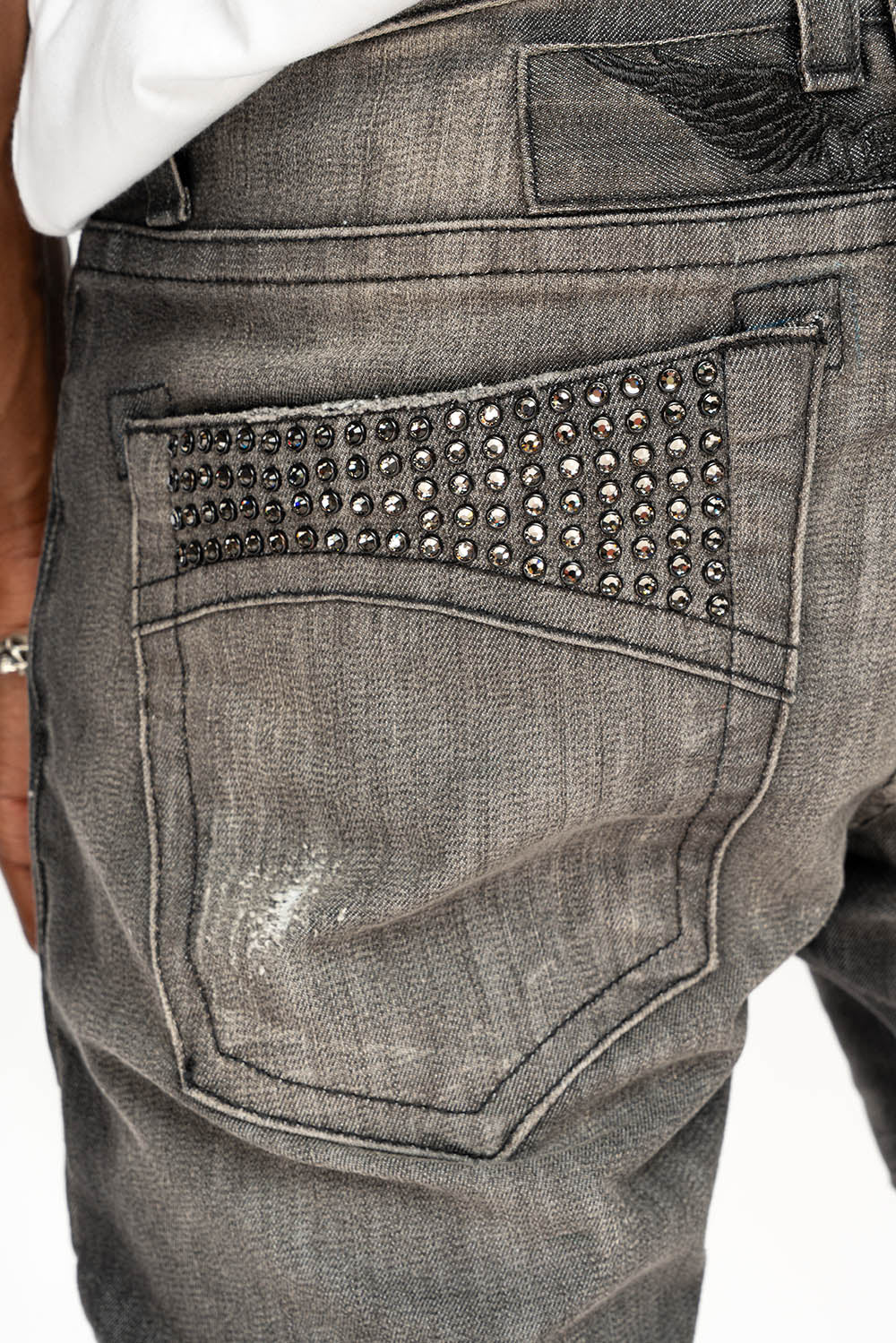 MENS MOTORCYCLE ZIPPERS SLIM JEANS IN ALBANY BLK BROKEN WASH EMBELLISHED WITH CRYSTALS
