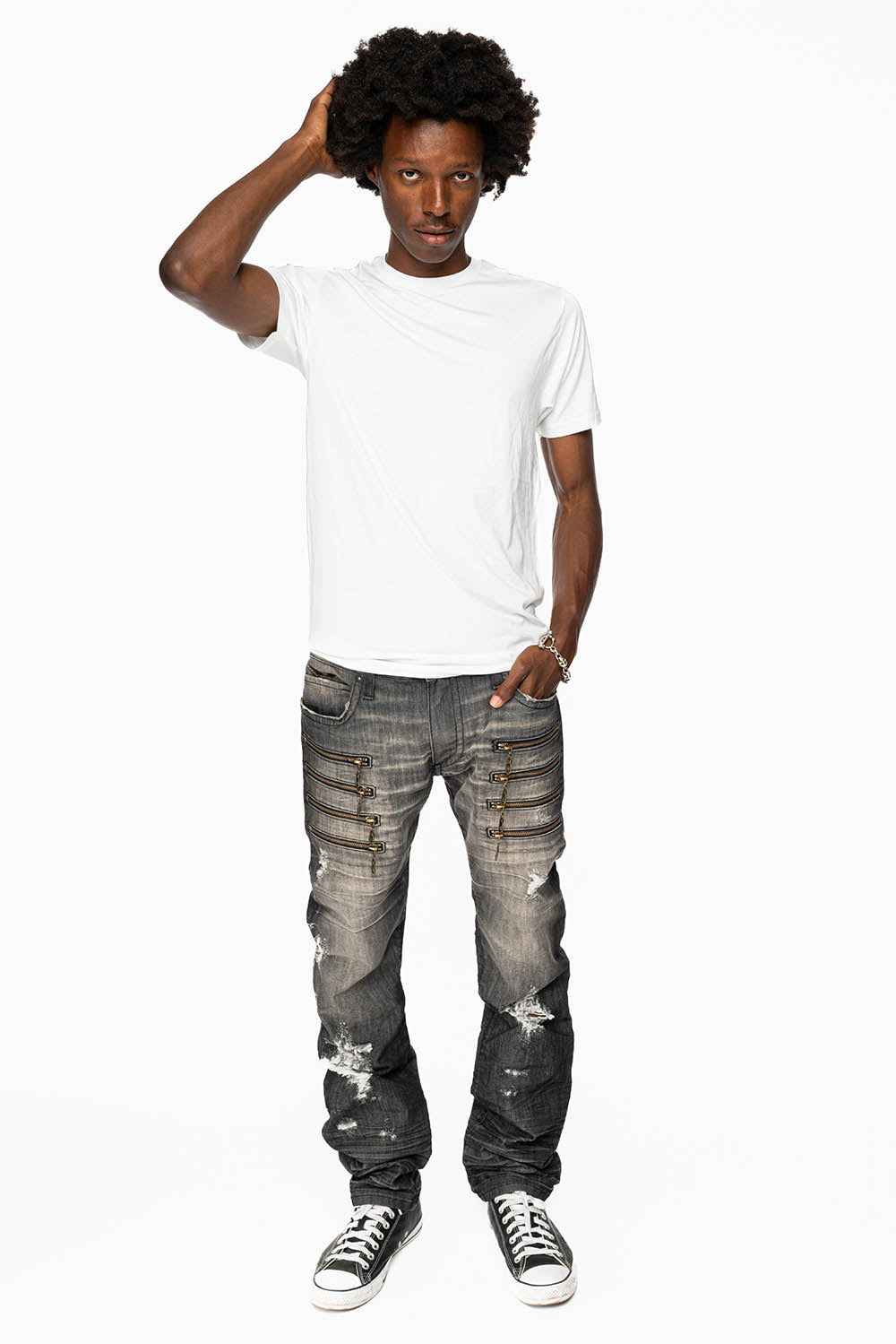 MENS MOTORCYCLE ZIPPERS SLIM JEANS IN ALBANY BLK BROKEN WASH EMBELLISHED WITH CRYSTALS