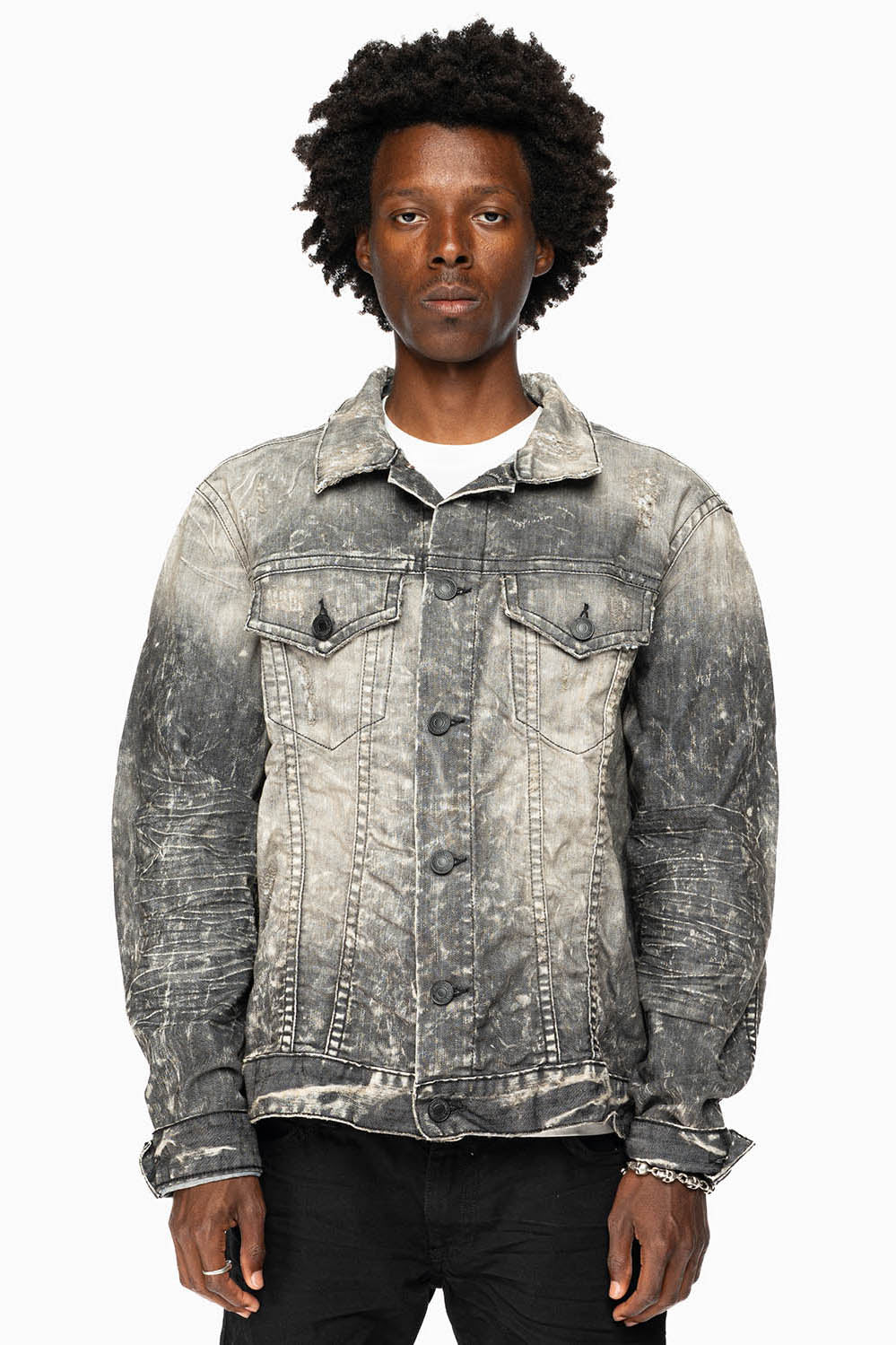 MENS BLACK DENIM JACKET IN 4D DARK BROKEN
