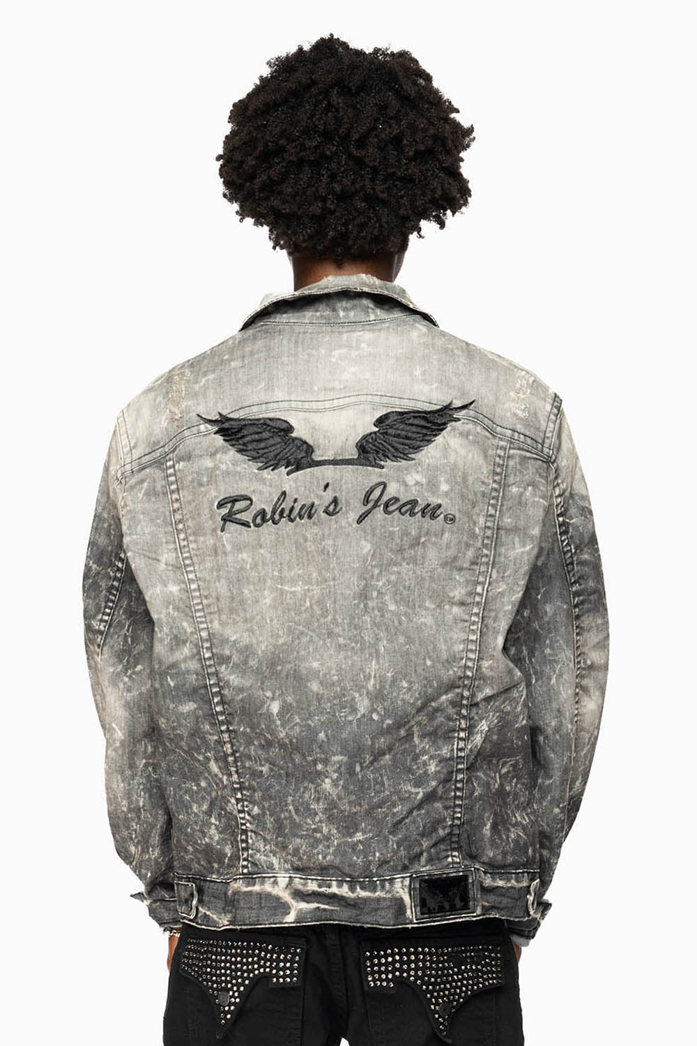 MENS BLACK DENIM JACKET IN 4D DARK BROKEN
