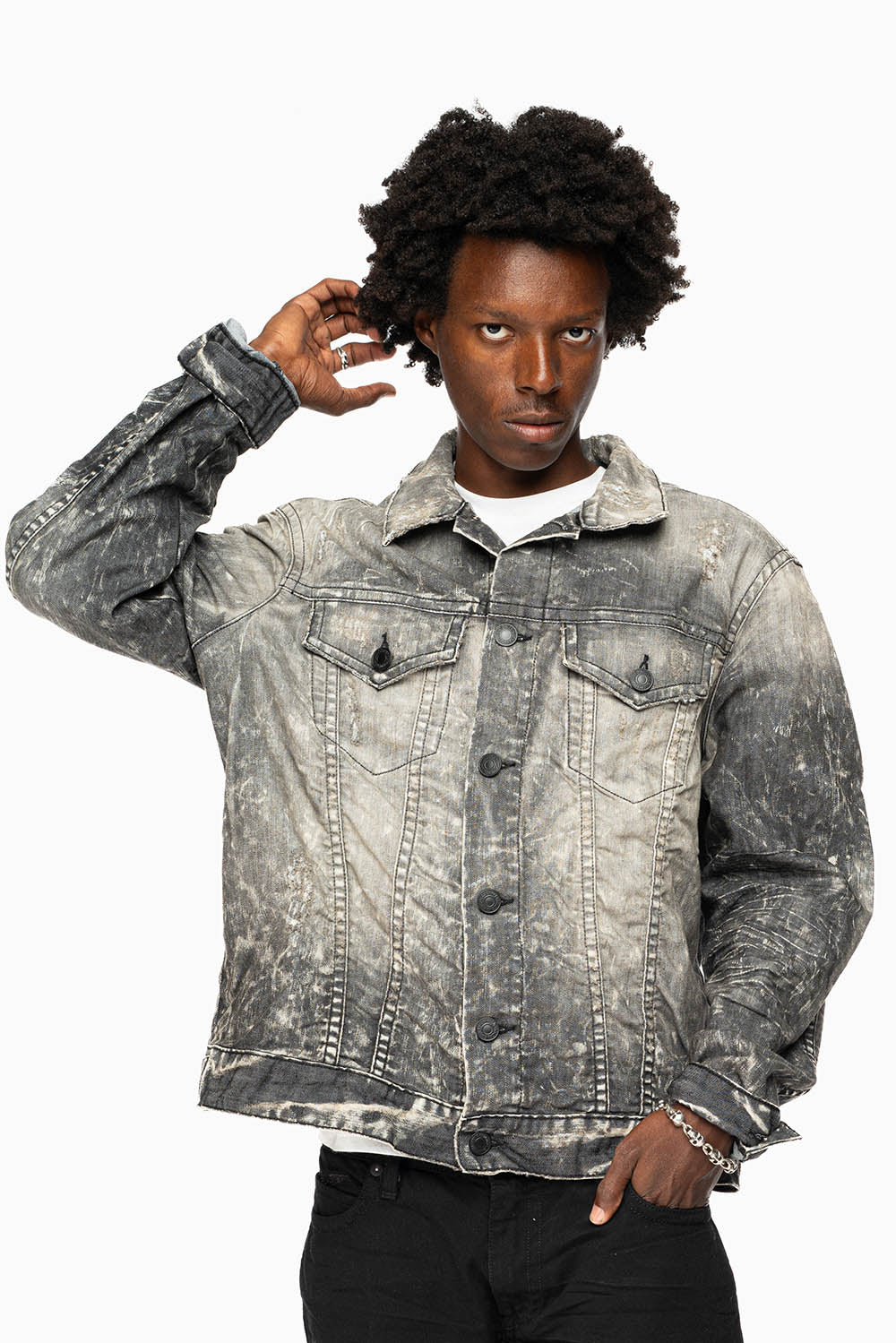 MENS BLACK DENIM JACKET IN 4D DARK BROKEN