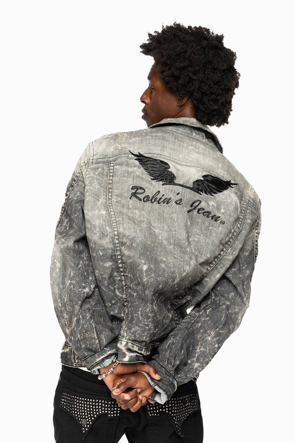 MENS BLACK DENIM JACKET IN 4D DARK BROKEN