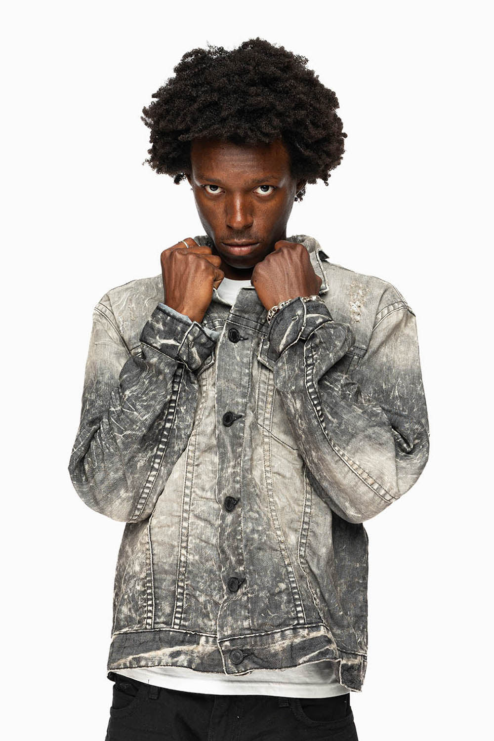 MENS BLACK DENIM JACKET IN 4D DARK BROKEN
