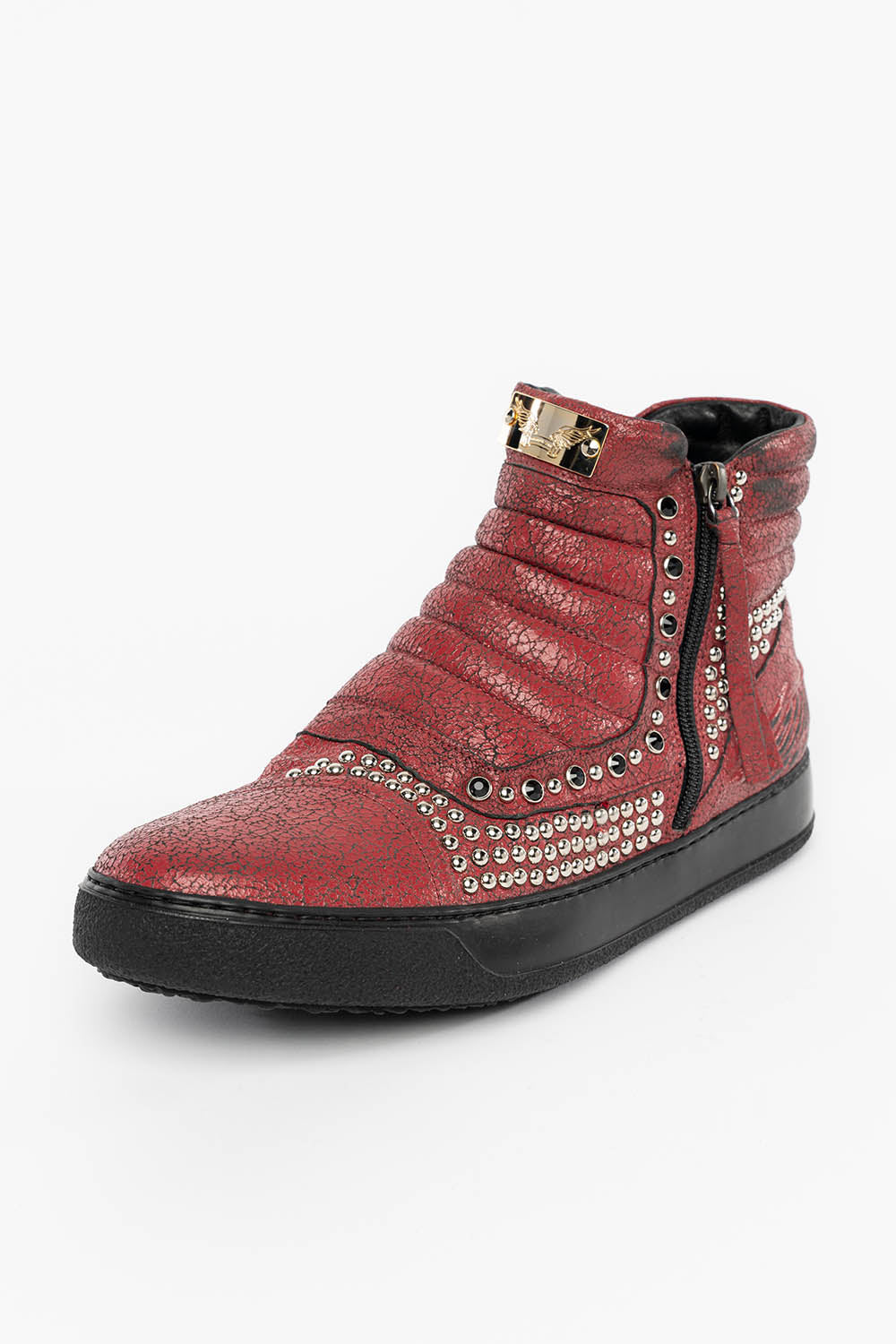 MENS MID TOP BIKER SHOES IN CRACKLED RED LEATHER WITH CRYSTALS AND STUDS EMBELLISHMENT