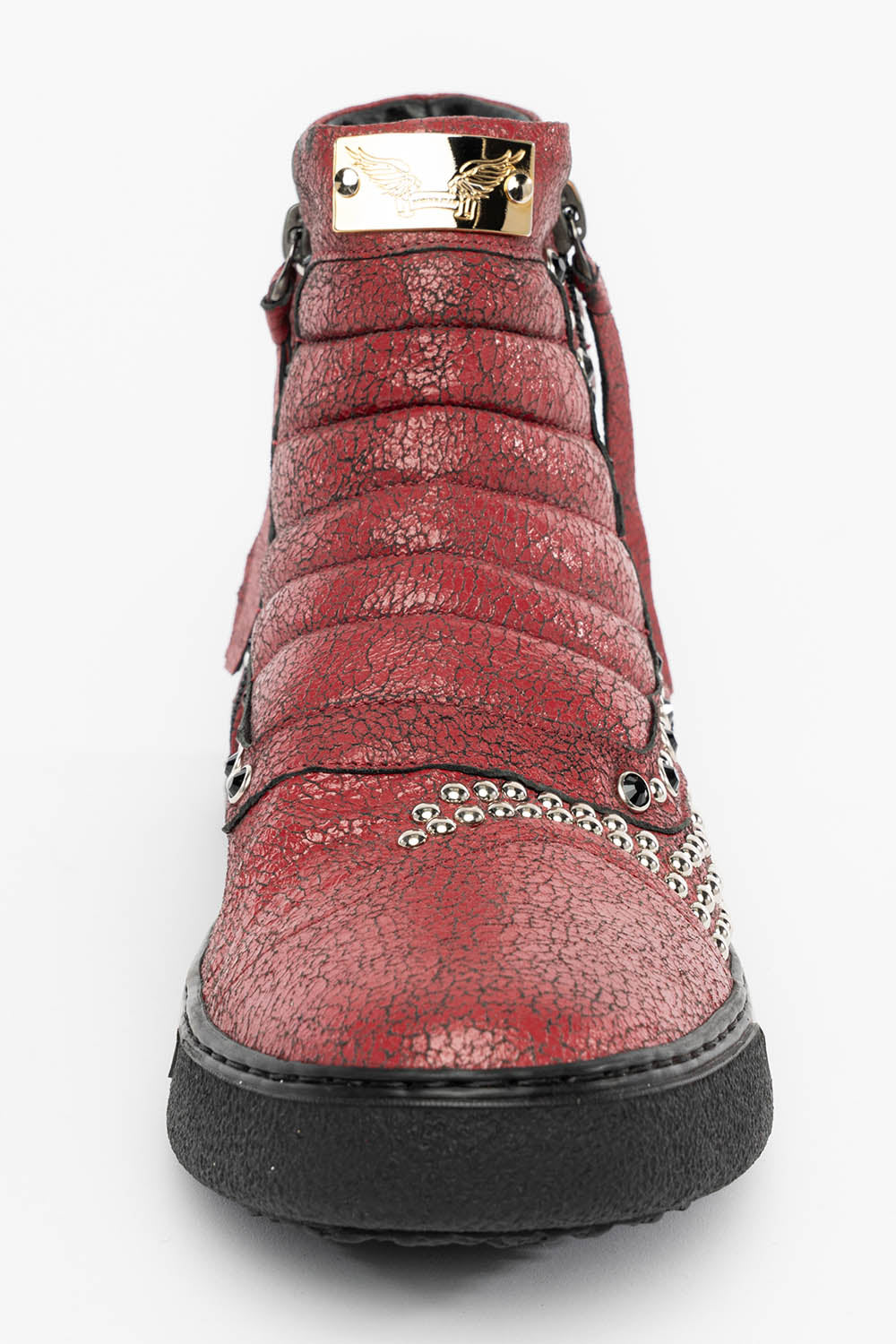 MENS MID TOP BIKER SHOES IN CRACKLED RED LEATHER WITH CRYSTALS AND STUDS EMBELLISHMENT