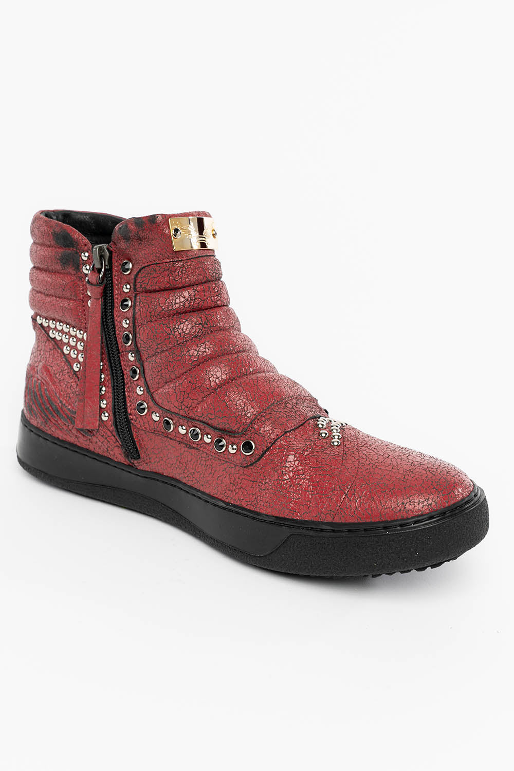 MENS MID TOP BIKER SHOES IN CRACKLED RED LEATHER WITH CRYSTALS AND STUDS EMBELLISHMENT